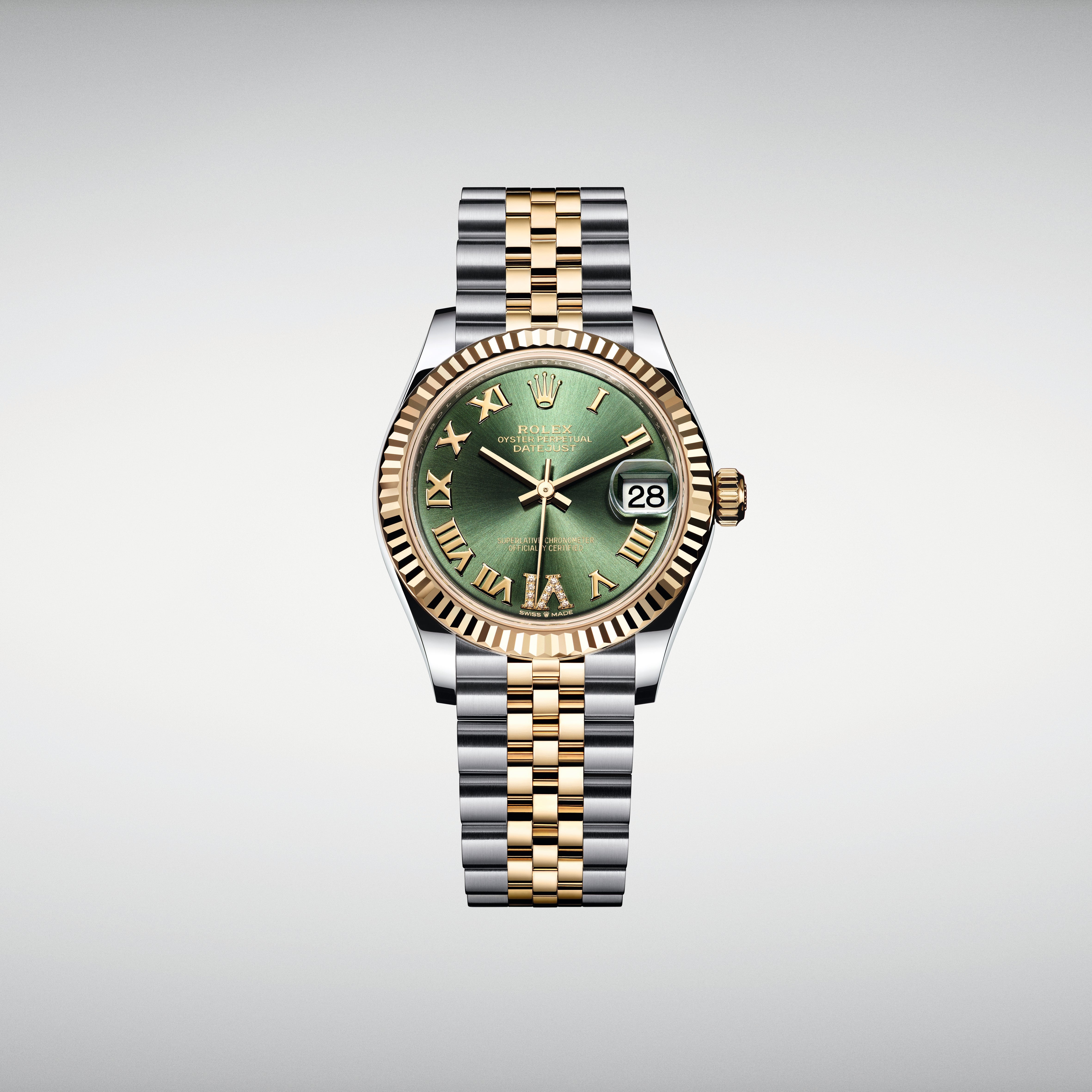 Datejust 31 Yellow Gold Two-Tone Olive Green Roman Diamond Luxury Watch