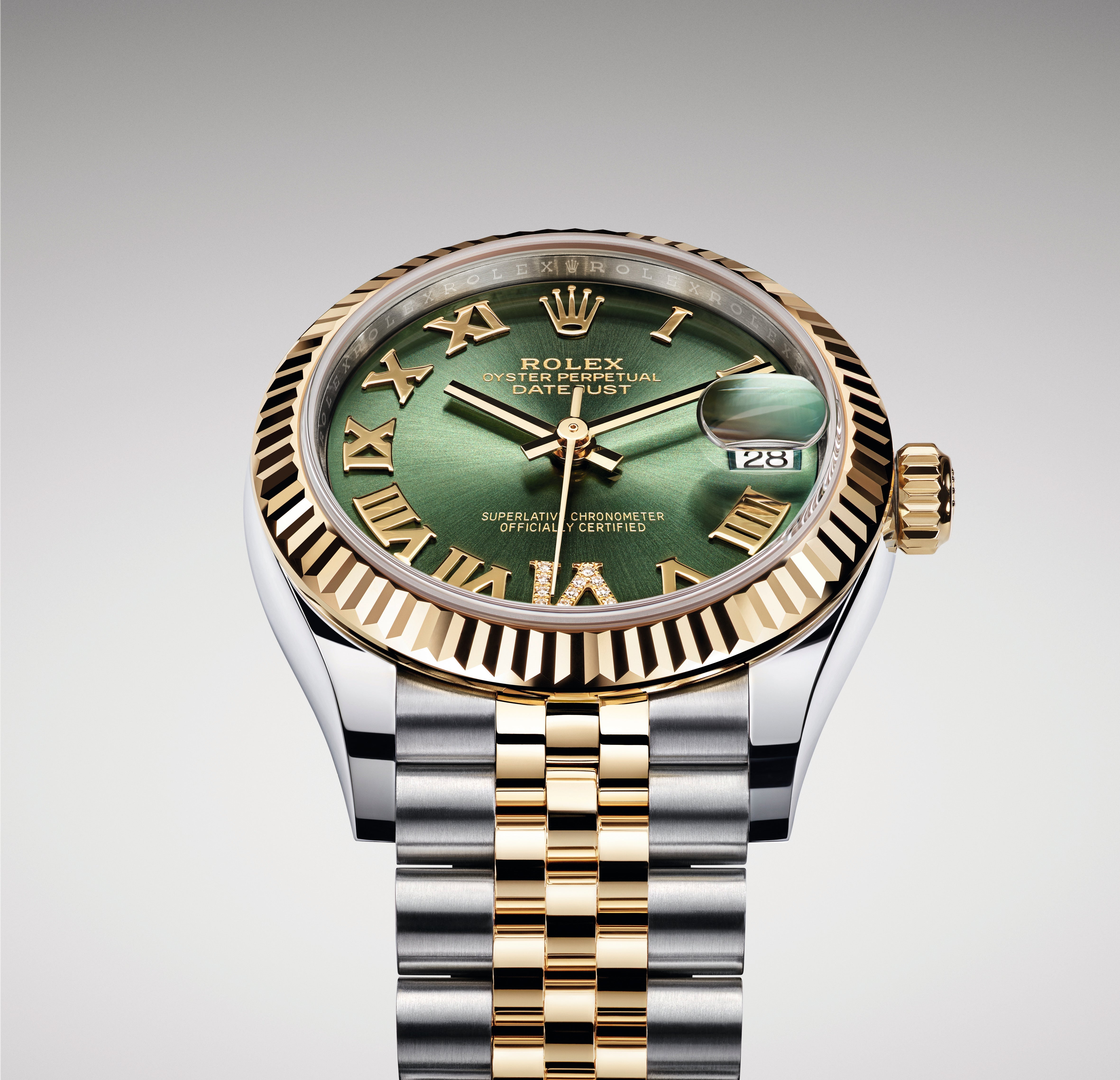 Datejust 31 Yellow Gold Two-Tone Olive Green Roman Diamond Luxury Watch
