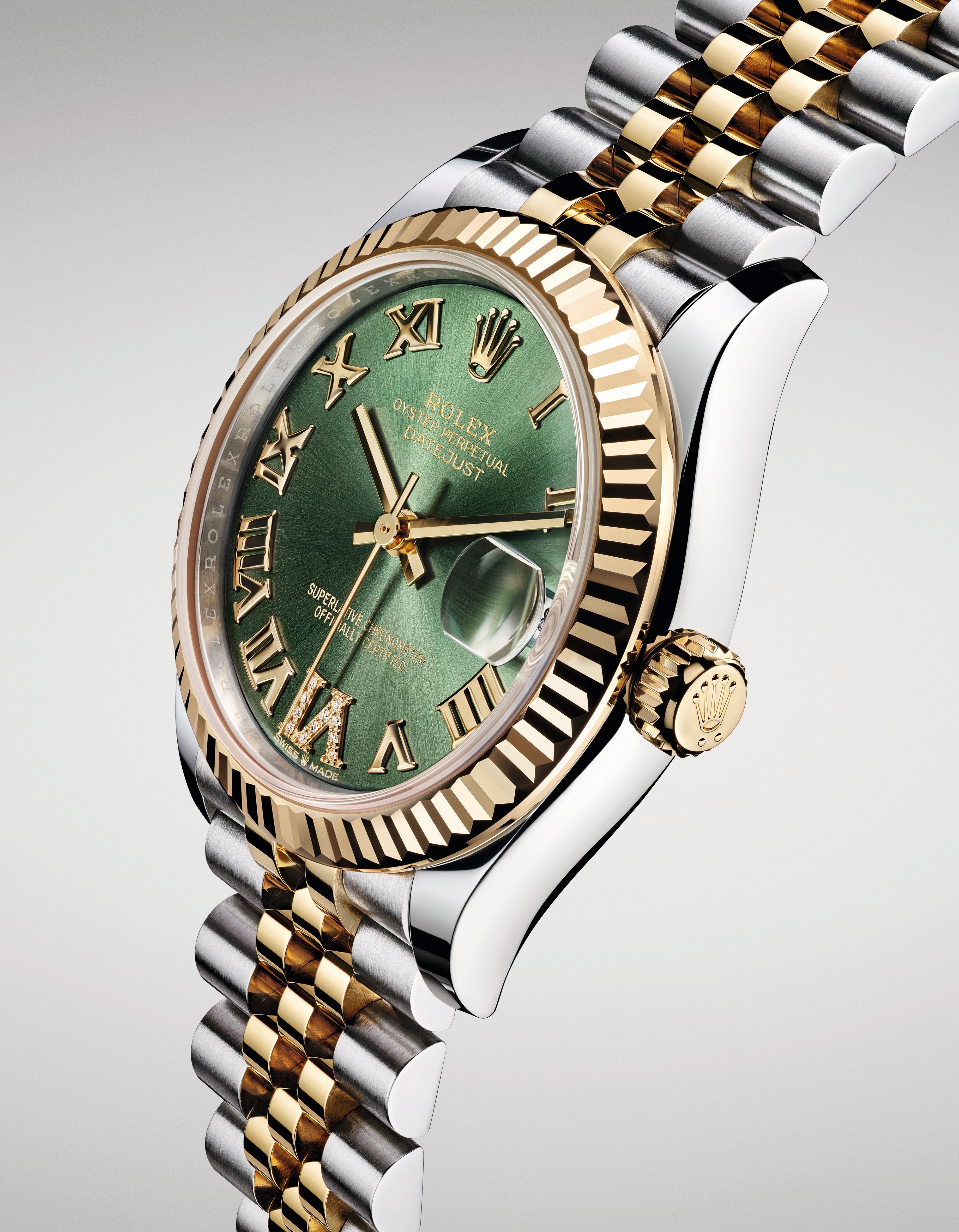 Datejust 31 Yellow Gold Two-Tone Olive Green Roman Diamond Luxury Watch