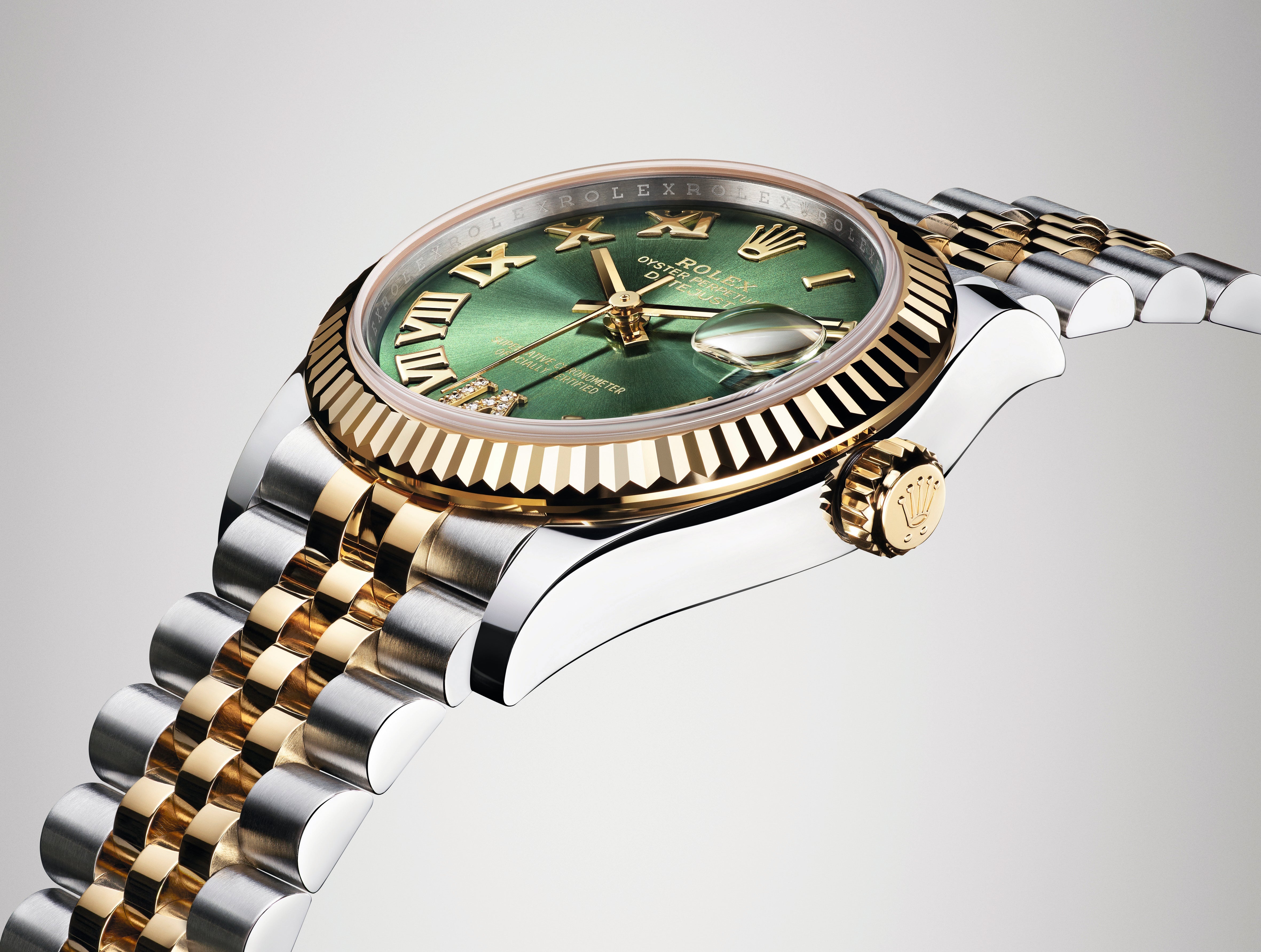 Datejust 31 Yellow Gold Two-Tone Olive Green Roman Diamond Luxury Watch