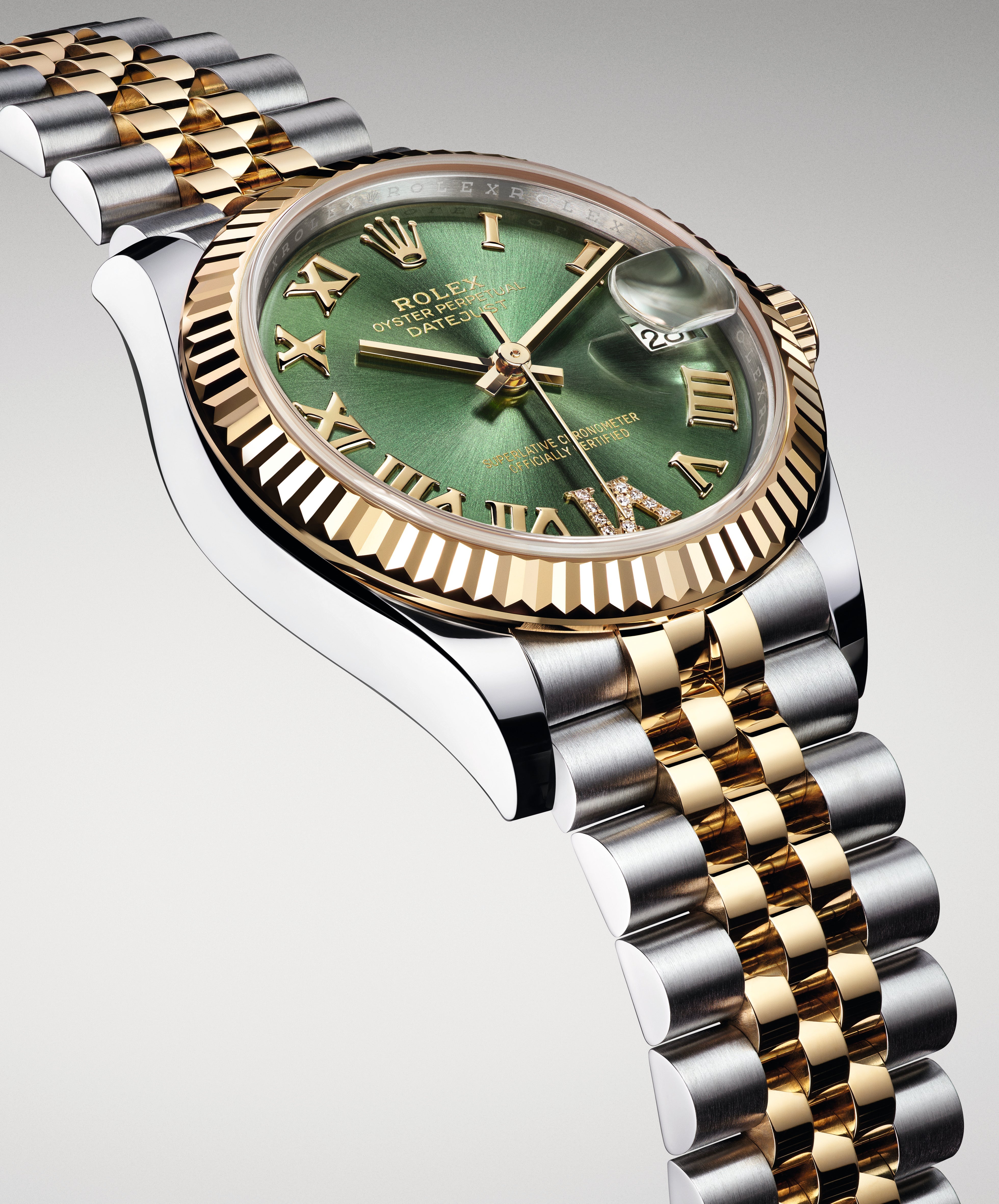 Datejust 31 Yellow Gold Two-Tone Olive Green Roman Diamond Luxury Watch