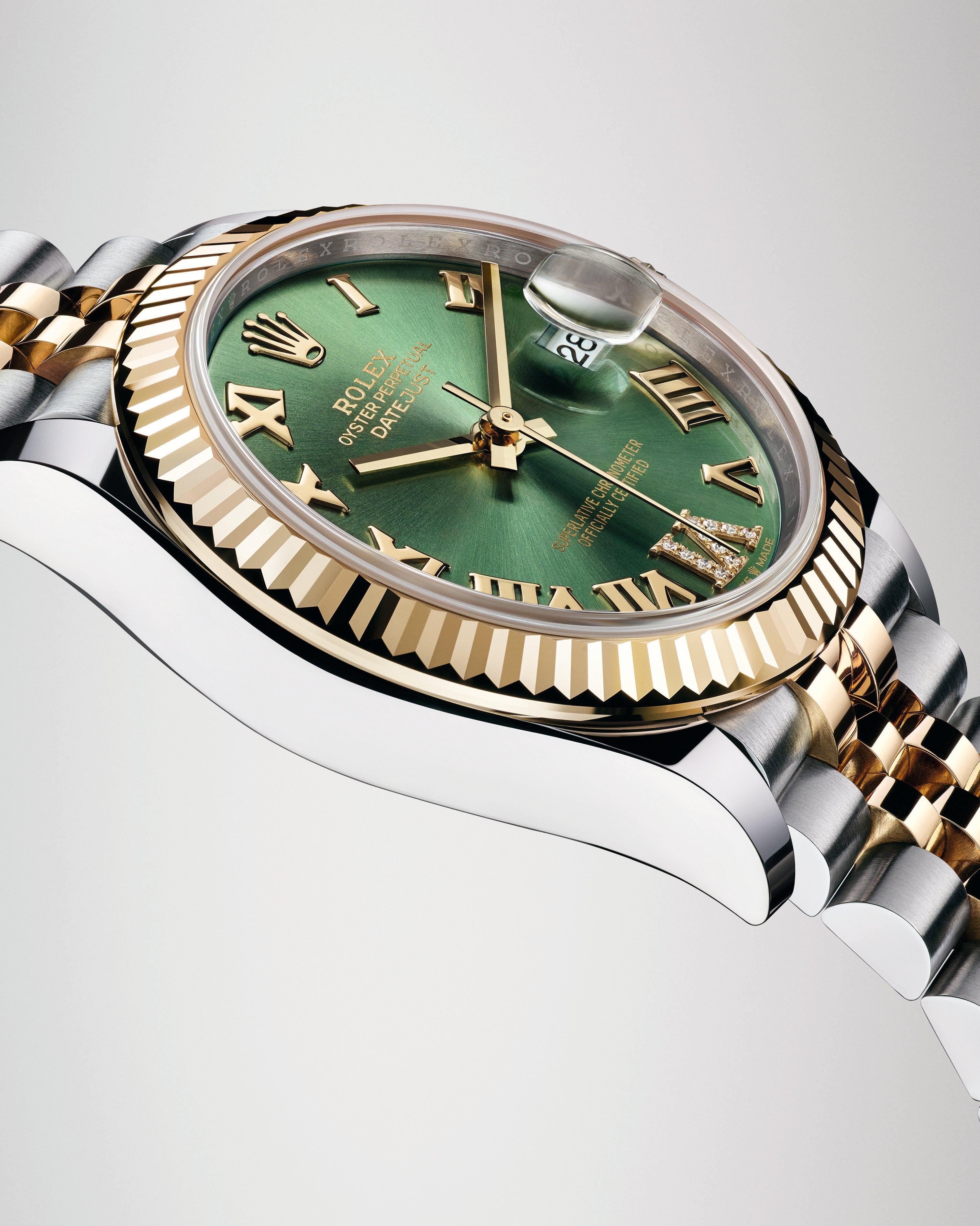 Datejust 31 Yellow Gold Two-Tone Olive Green Roman Diamond Luxury Watch