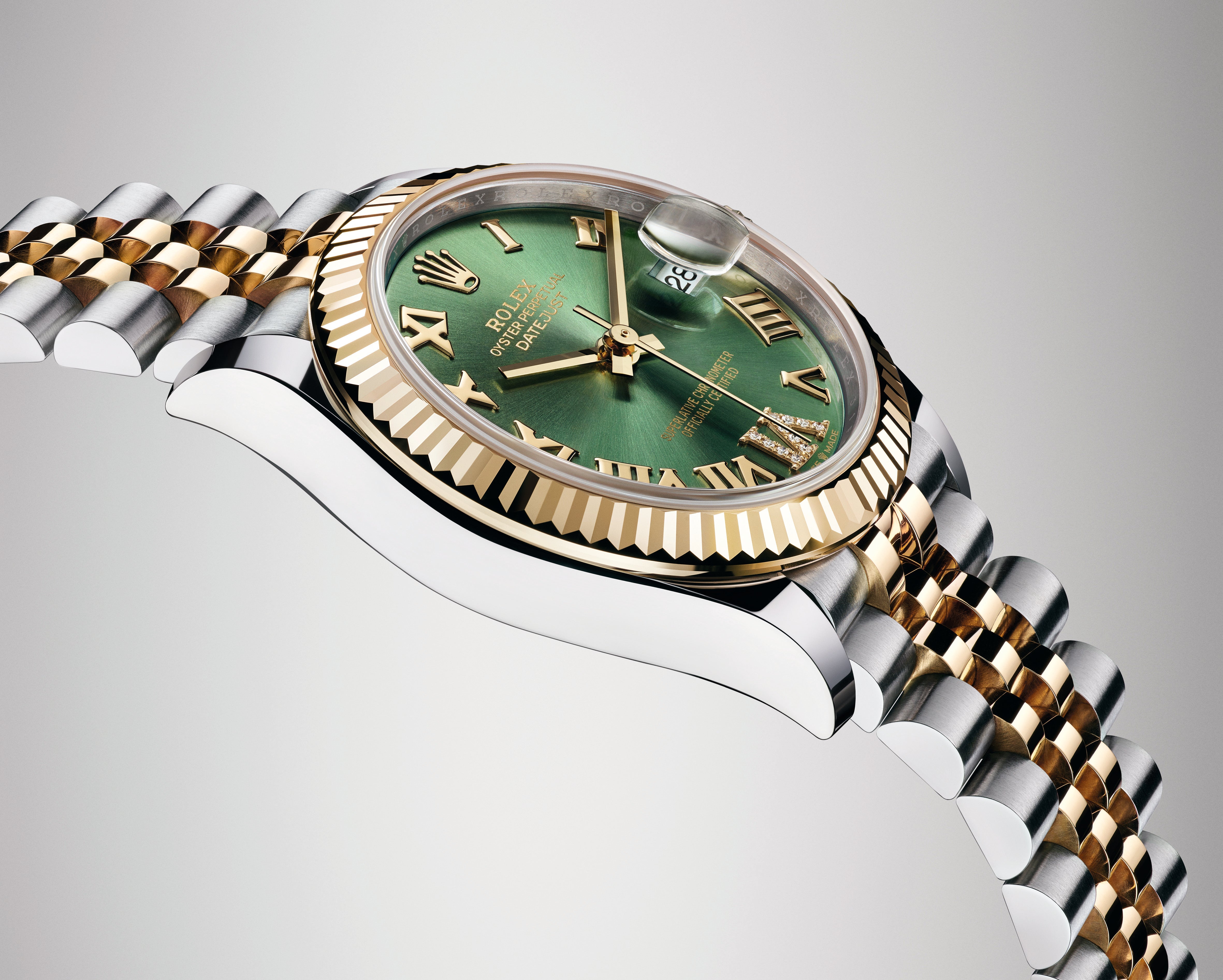 Datejust 31 Yellow Gold Two-Tone Olive Green Roman Diamond Luxury Watch