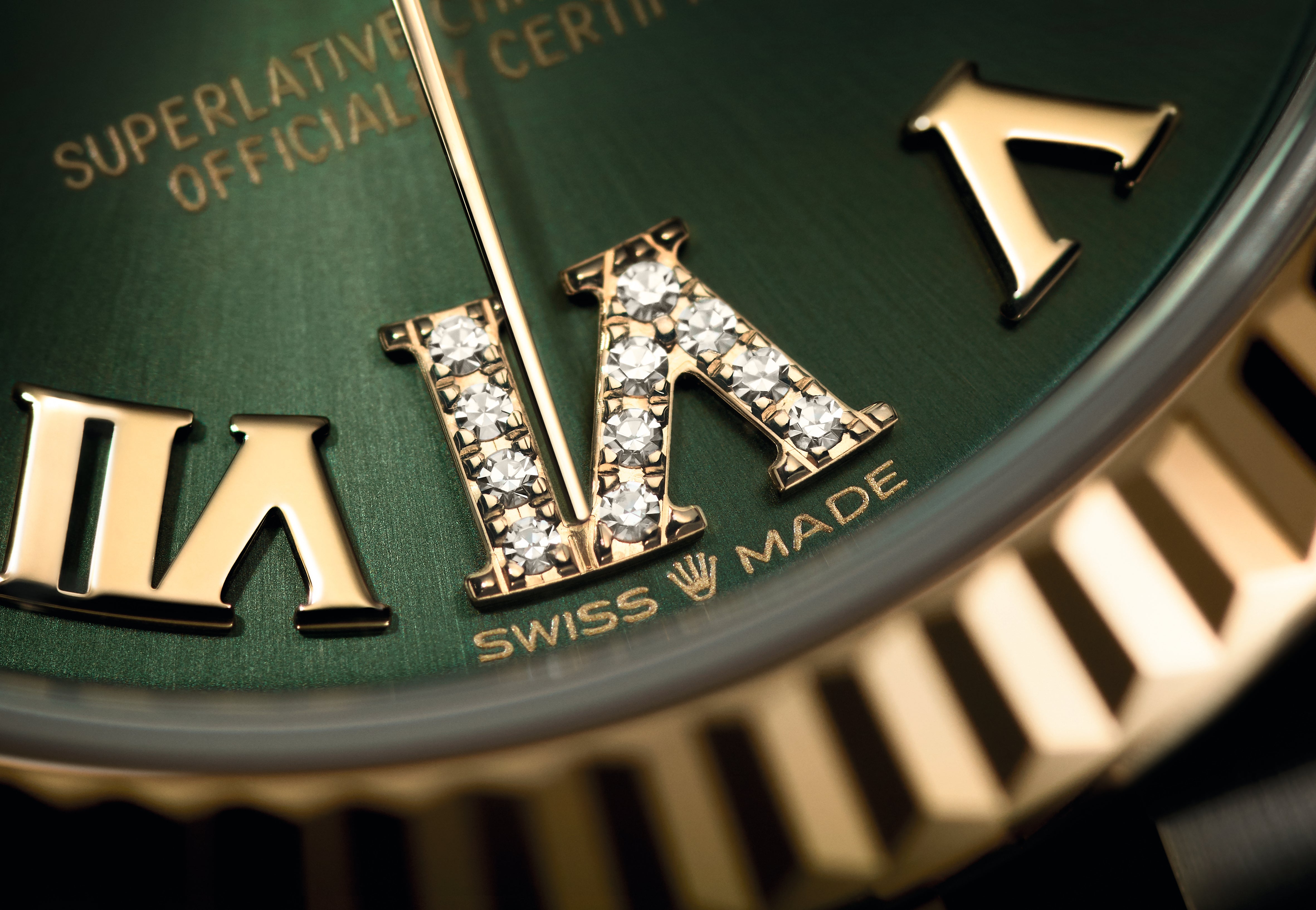 Datejust 31 Yellow Gold Two-Tone Olive Green Roman Diamond Luxury Watch