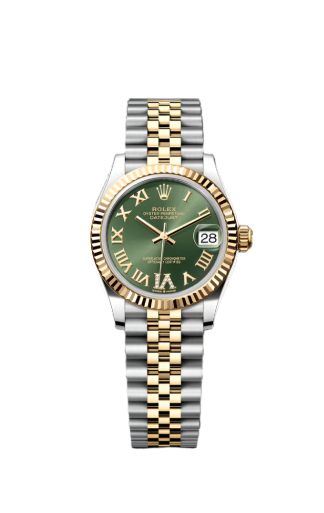 Datejust 31 Yellow Gold Two-Tone Olive Green Roman Diamond Luxury Watch