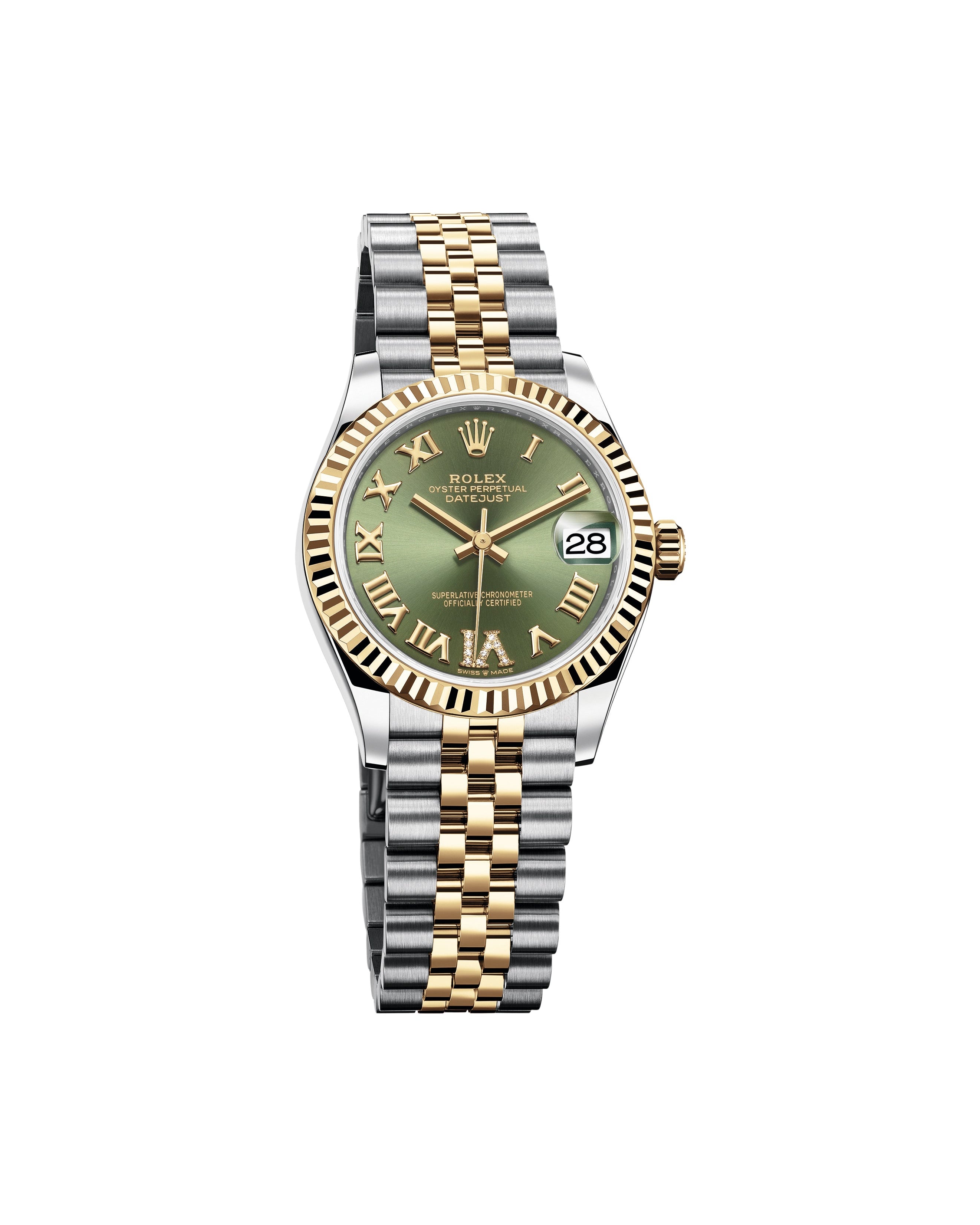 Datejust 31 Yellow Gold Two-Tone Olive Green Roman Diamond Luxury Watch