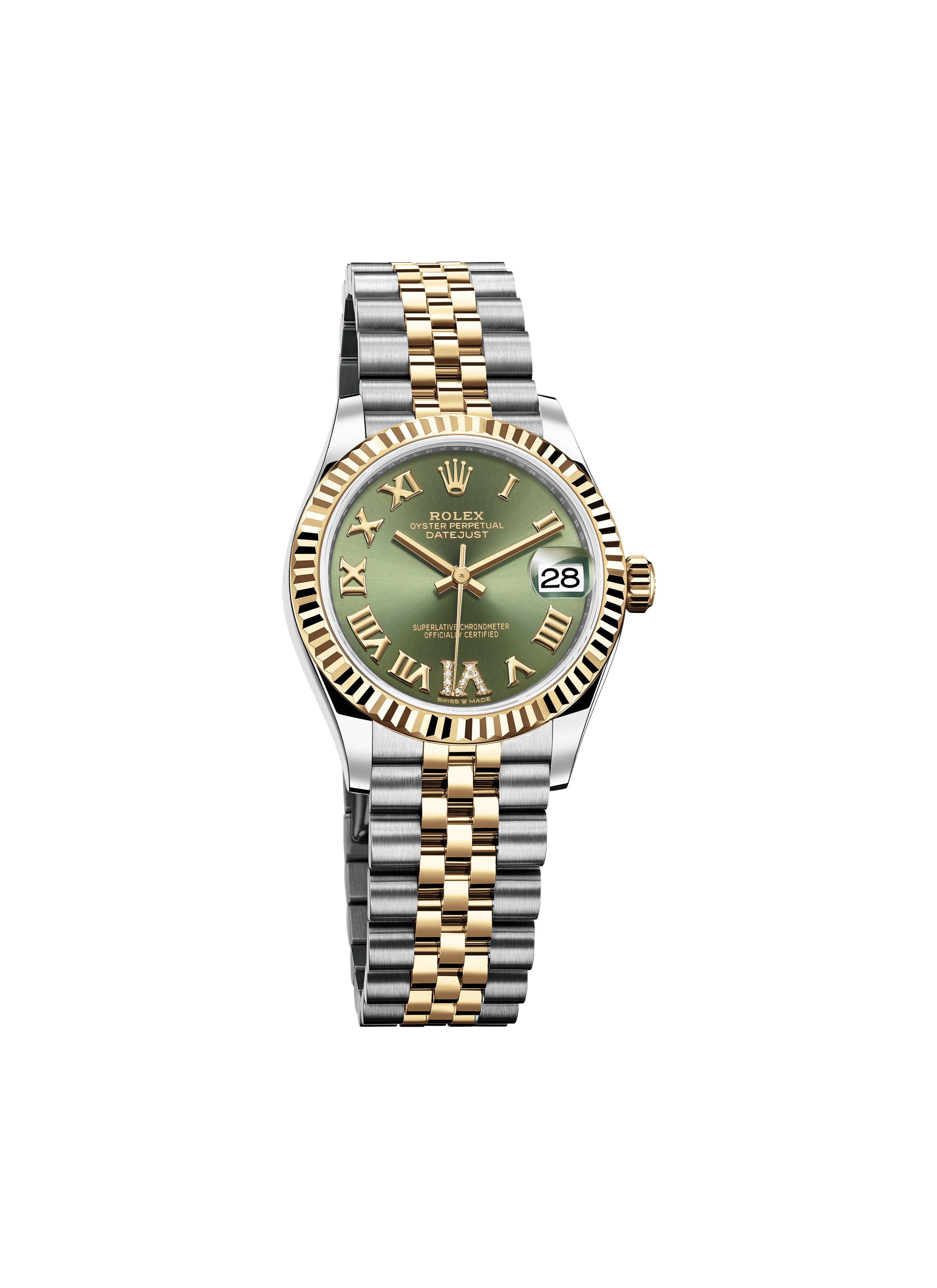 Datejust 31 Yellow Gold Two-Tone Olive Green Roman Diamond Luxury Watch