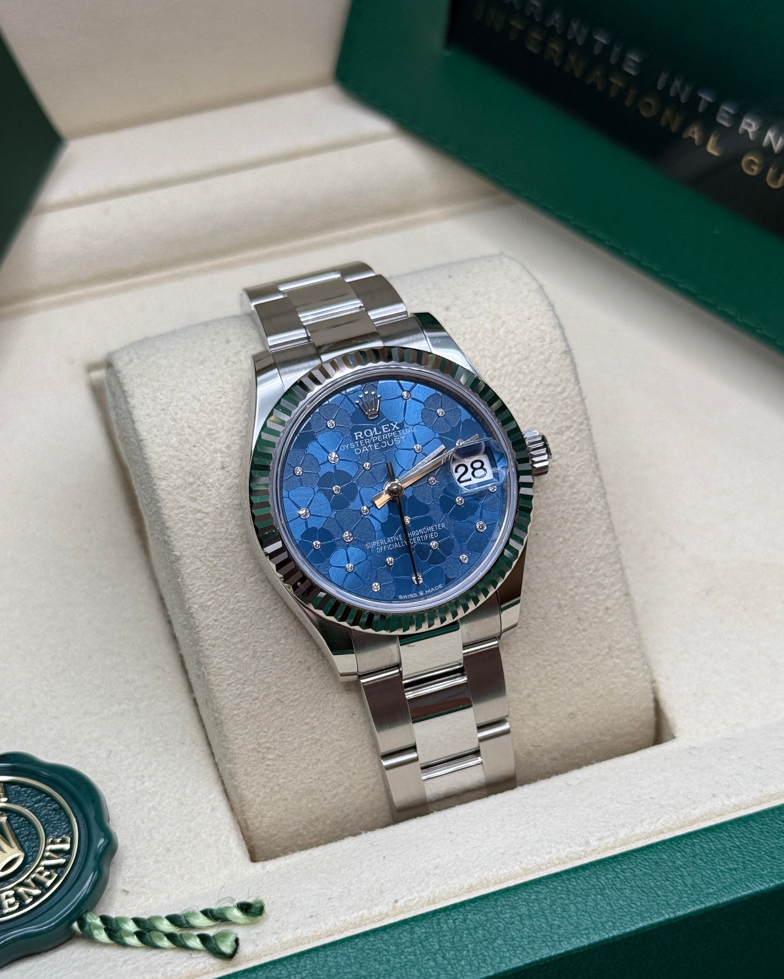 Datejust 31 Azzurro Blue Floral-Motif Diamond Luxury Watch