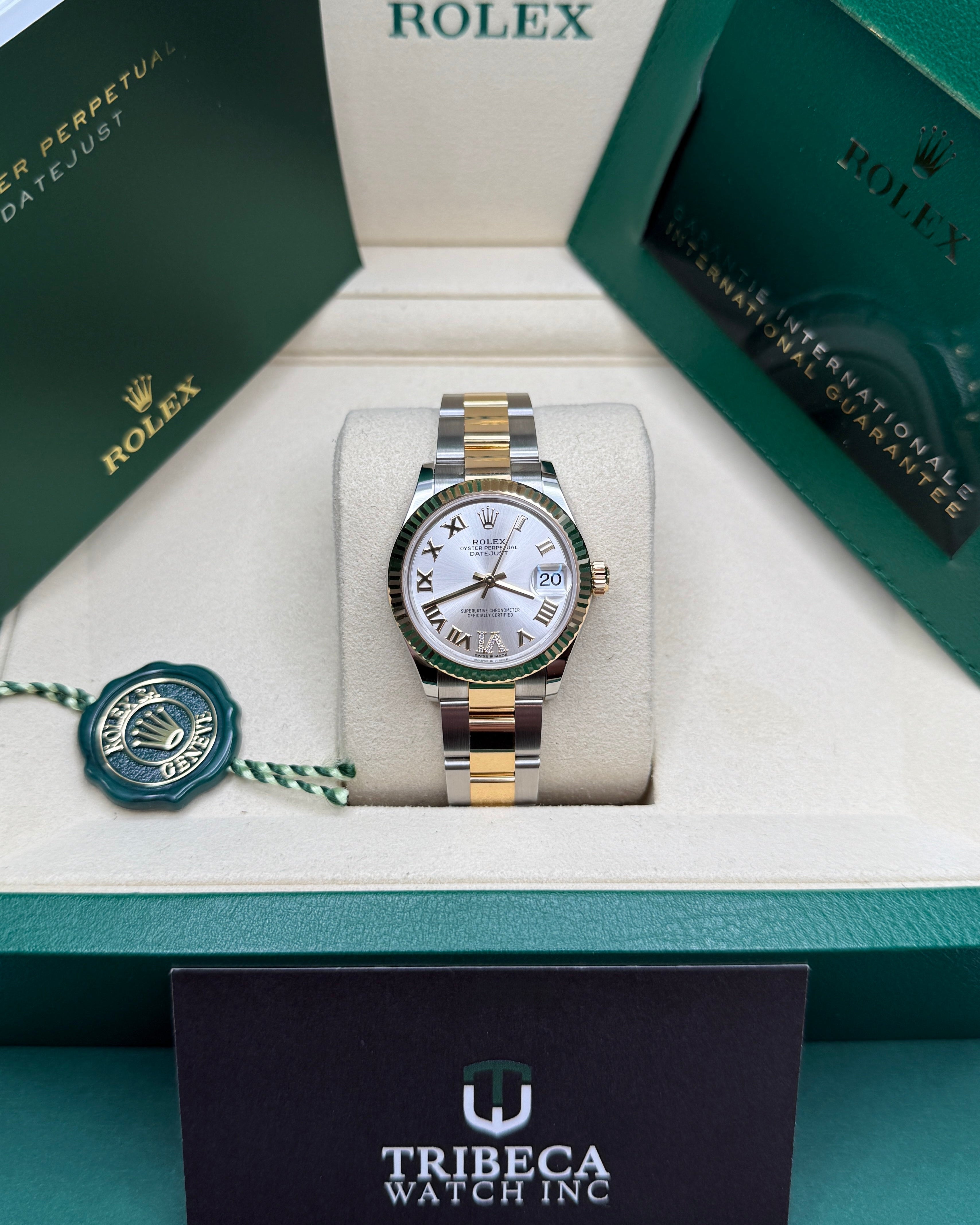 Datejust 31 Yellow Gold Two-Tone Silver Roman Diamond Luxury Watch