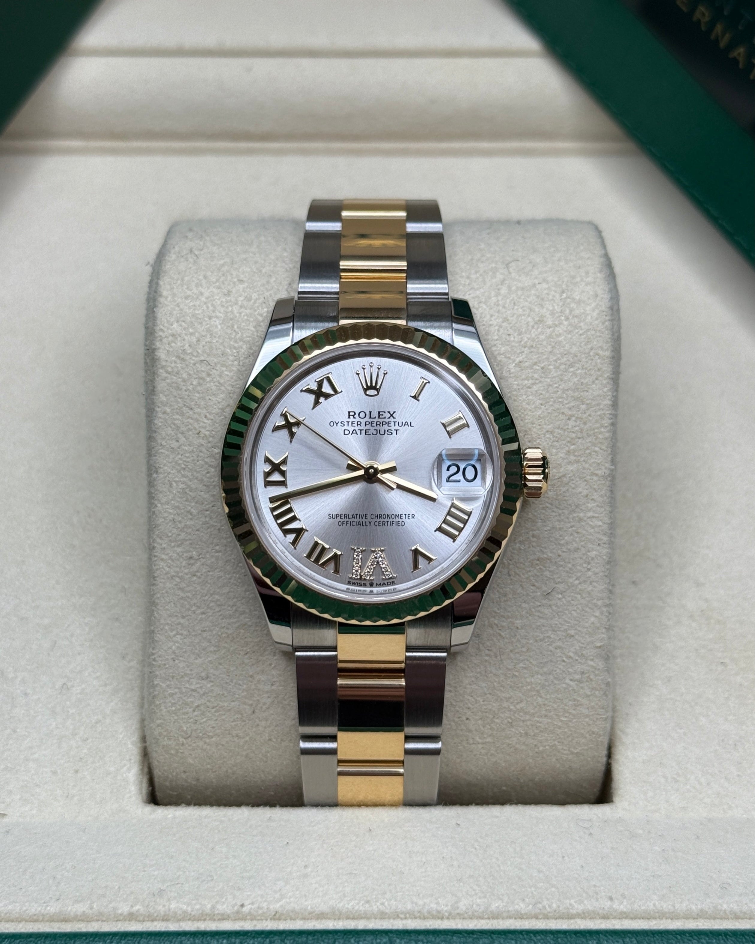 Datejust 31 Yellow Gold Two-Tone Silver Roman Diamond Luxury Watch