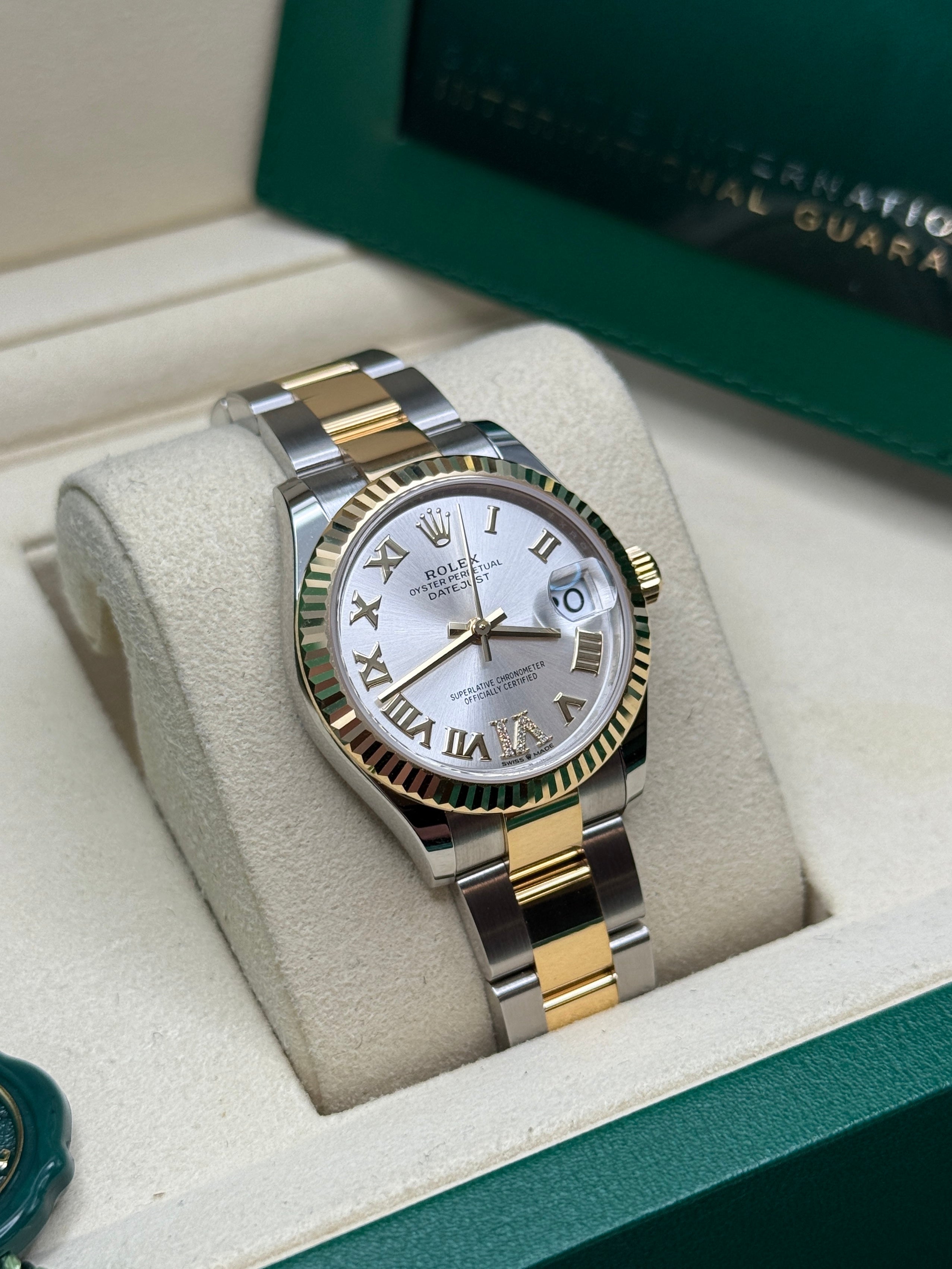 Datejust 31 Yellow Gold Two-Tone Silver Roman Diamond Luxury Watch