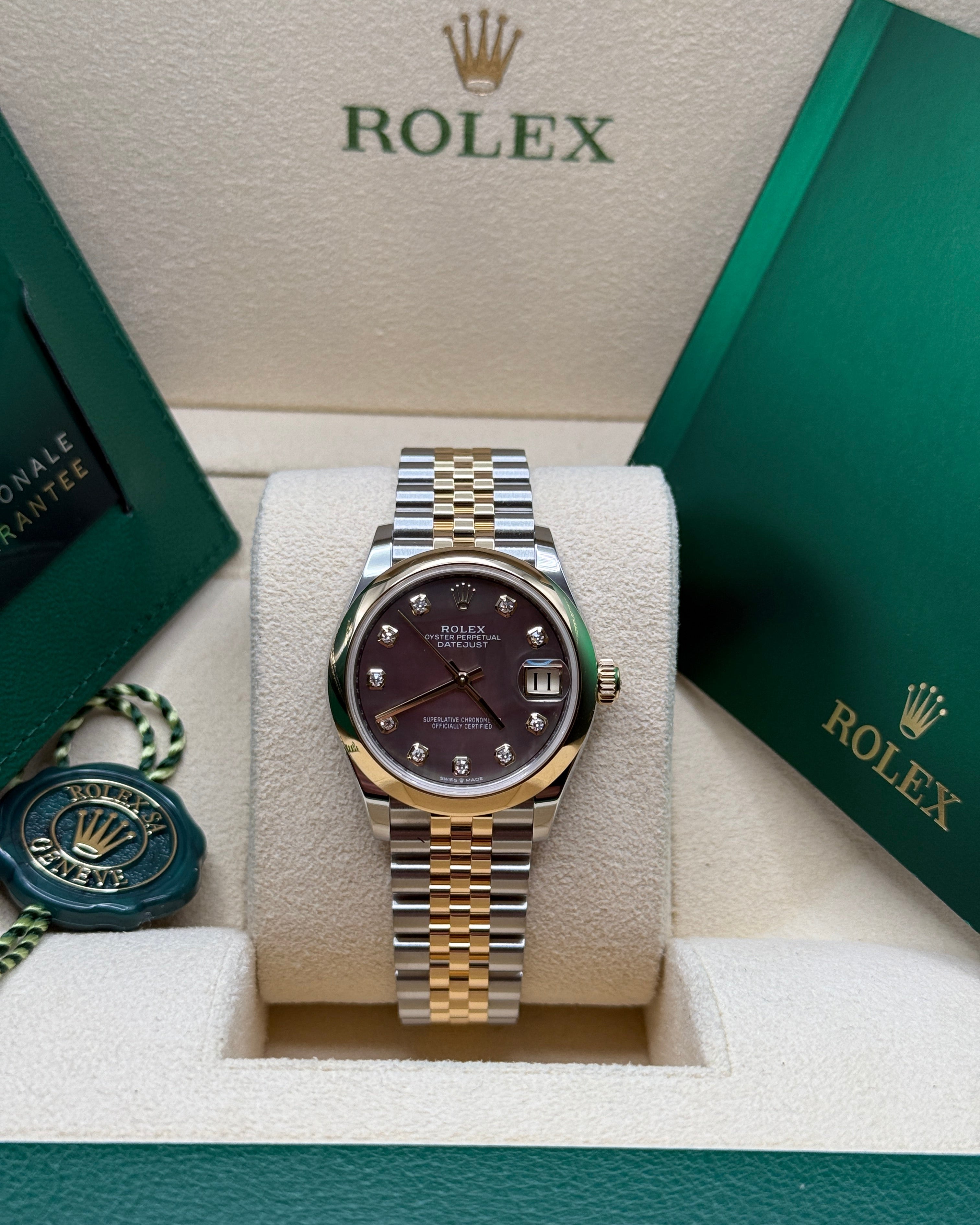 Datejust 31 Yellow Gold Two-Tone Black Mother of Pearl Diamond Luxury Watch