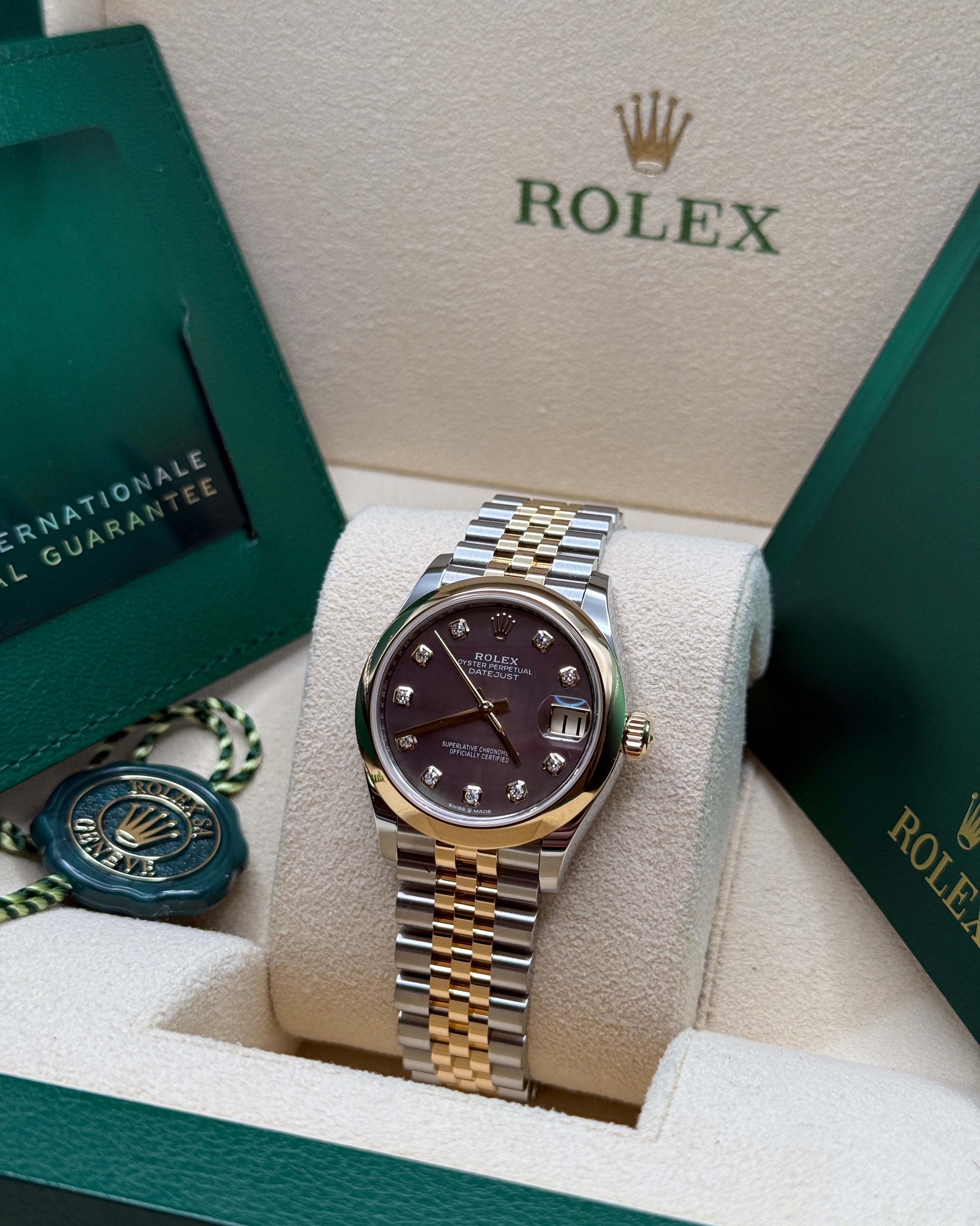 Datejust 31 Yellow Gold Two-Tone Black Mother of Pearl Diamond Luxury Watch