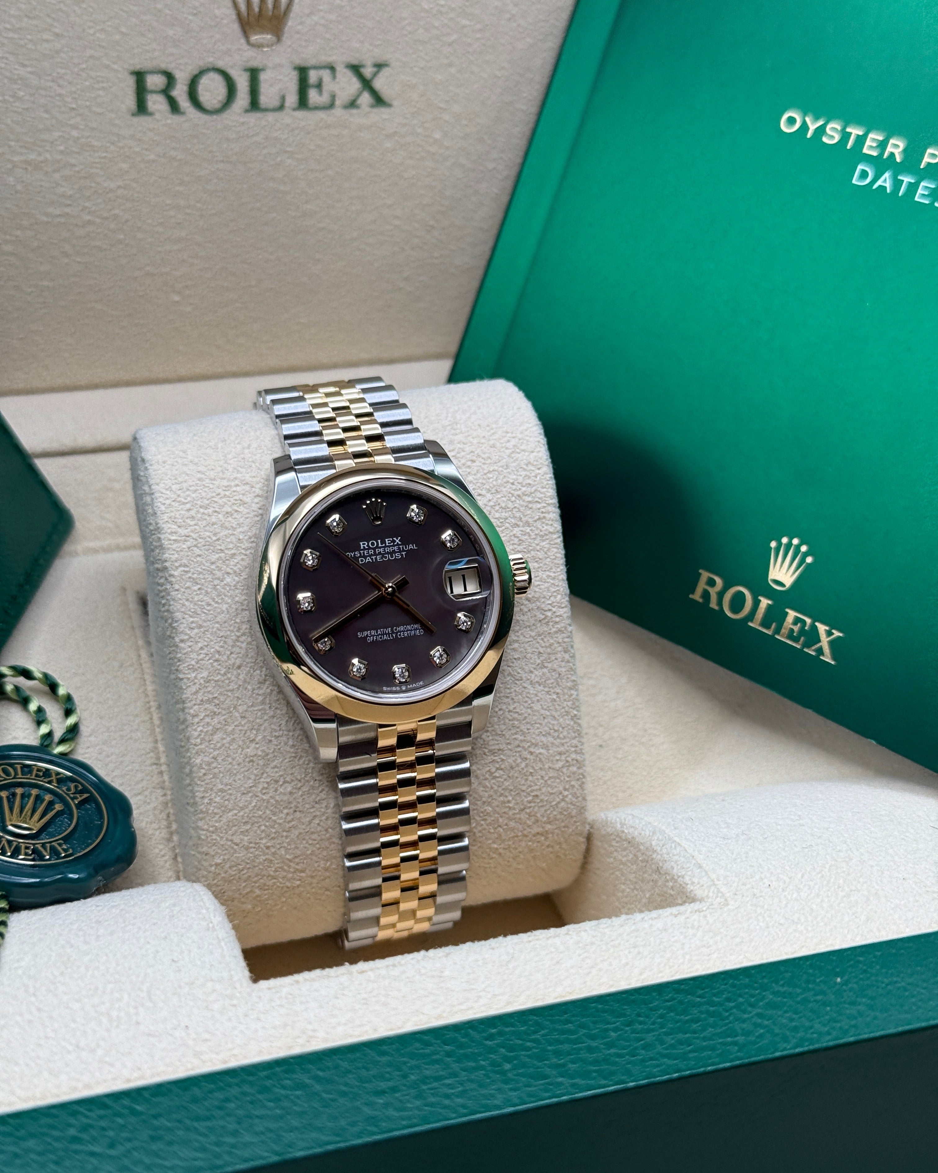 Datejust 31 Yellow Gold Two-Tone Black Mother of Pearl Diamond Luxury Watch