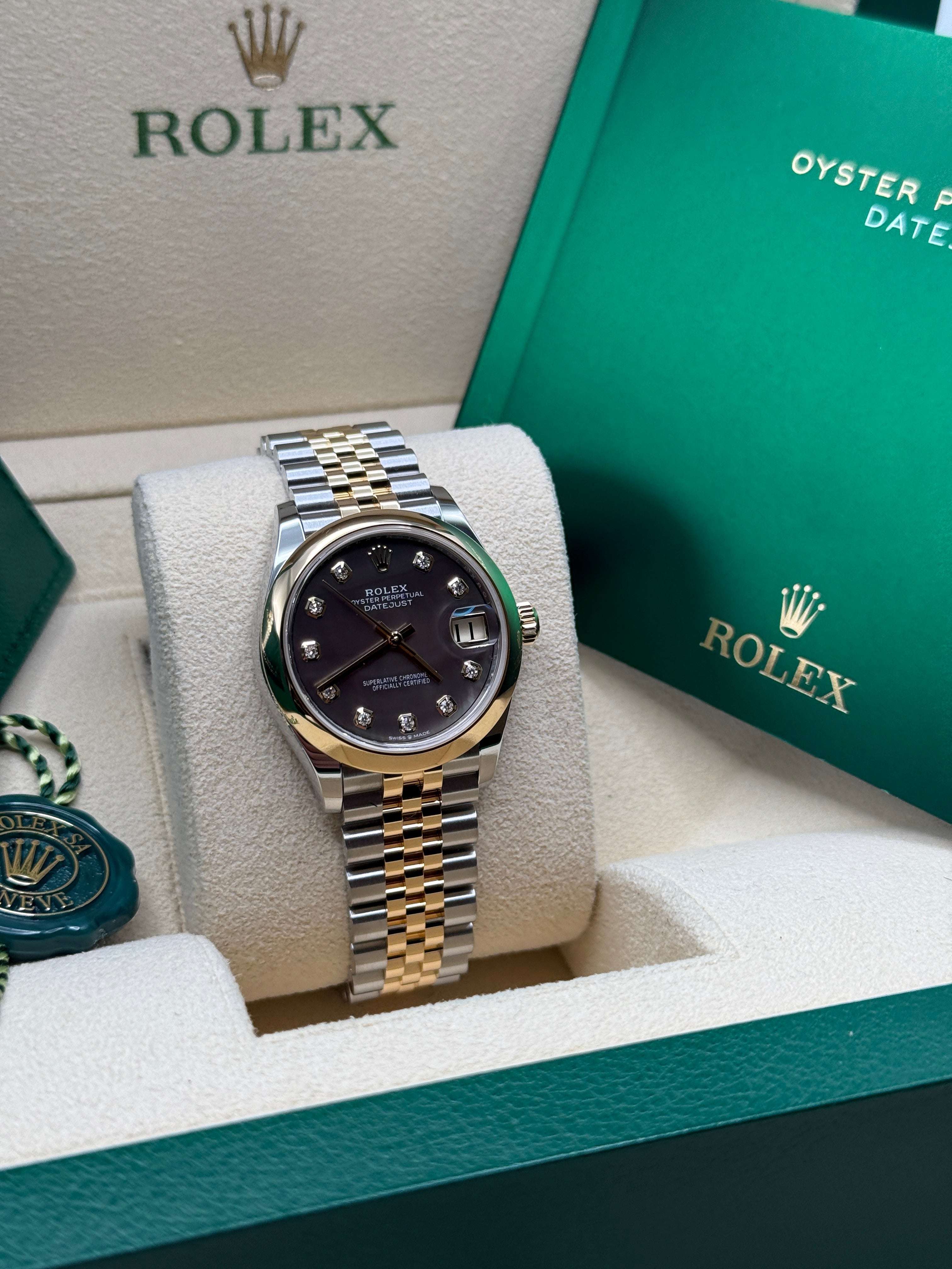 Datejust 31 Yellow Gold Two-Tone Black Mother of Pearl Diamond Luxury Watch