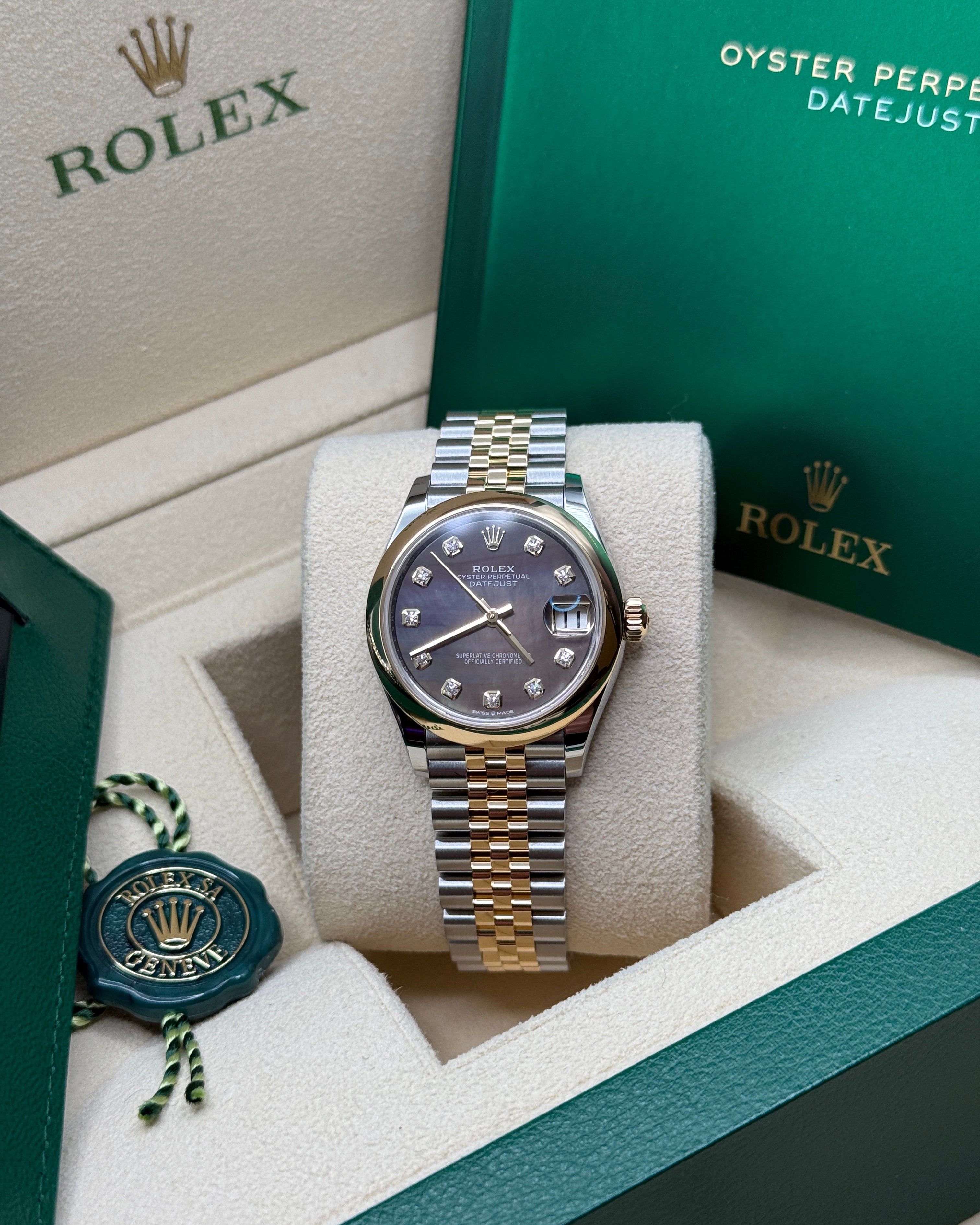 Datejust 31 Yellow Gold Two-Tone Black Mother of Pearl Diamond Luxury Watch