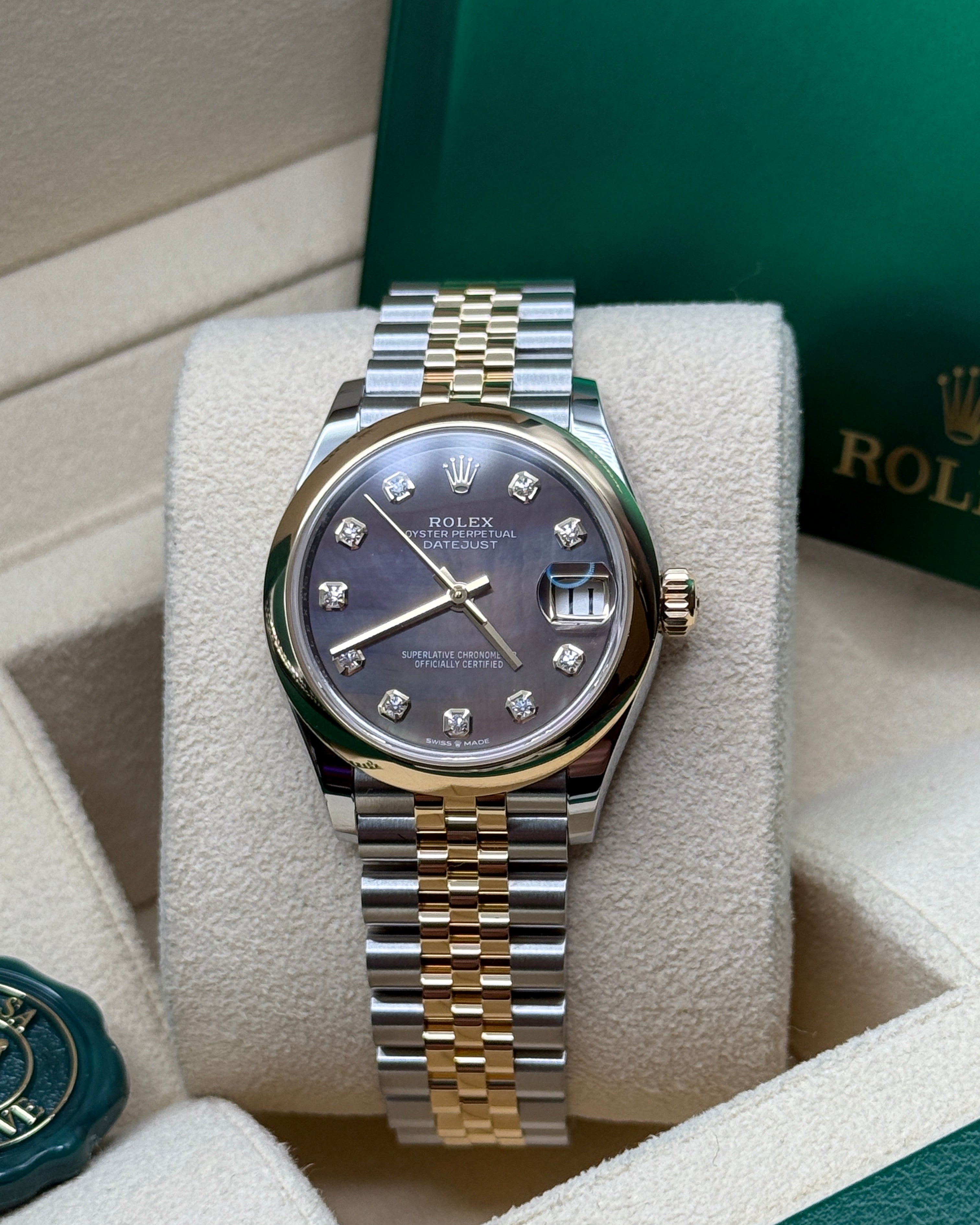 Datejust 31 Yellow Gold Two-Tone Black Mother of Pearl Diamond Luxury Watch