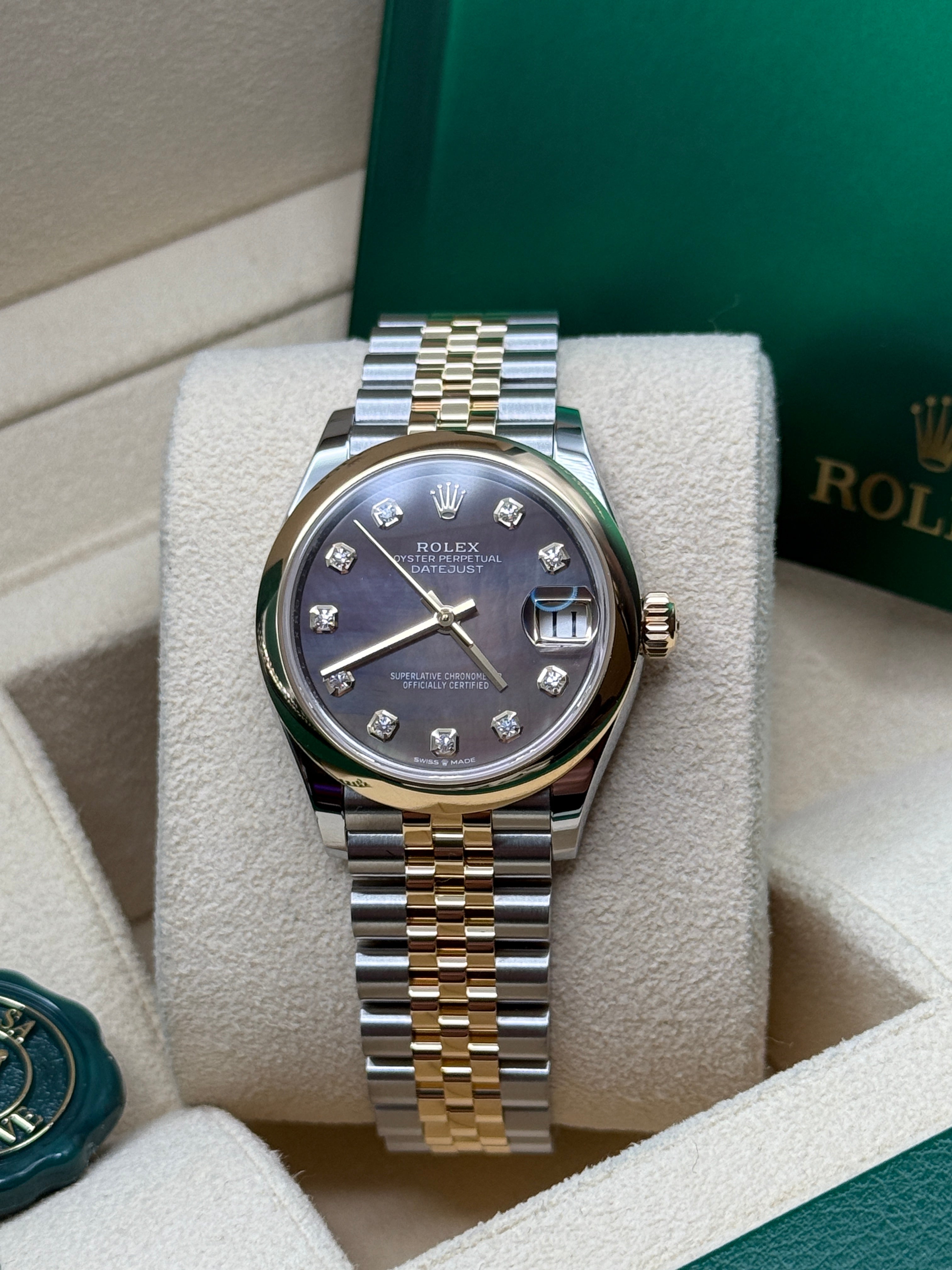 Datejust 31 Yellow Gold Two-Tone Black Mother of Pearl Diamond Luxury Watch