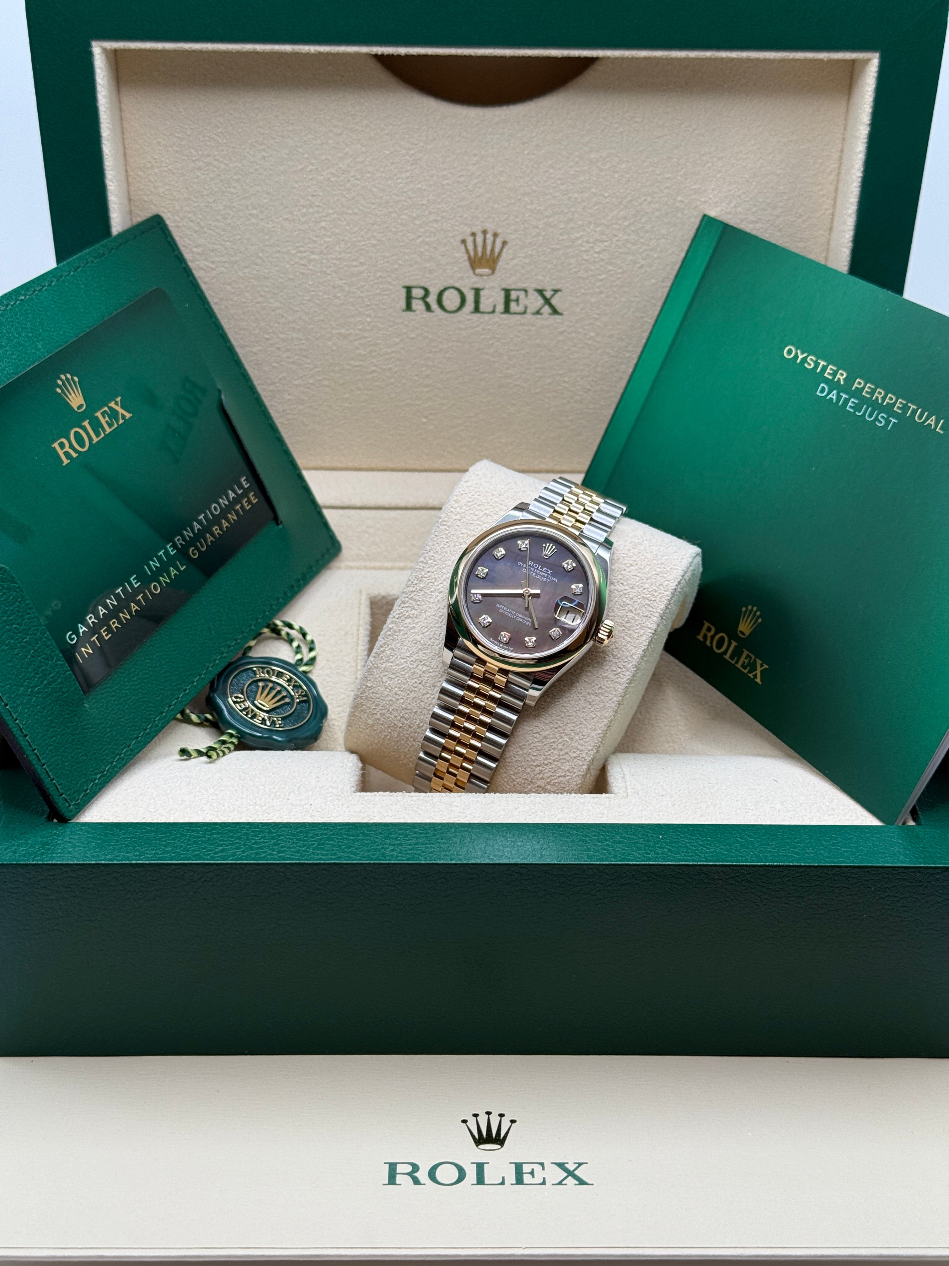 Datejust 31 Yellow Gold Two-Tone Black Mother of Pearl Diamond Luxury Watch