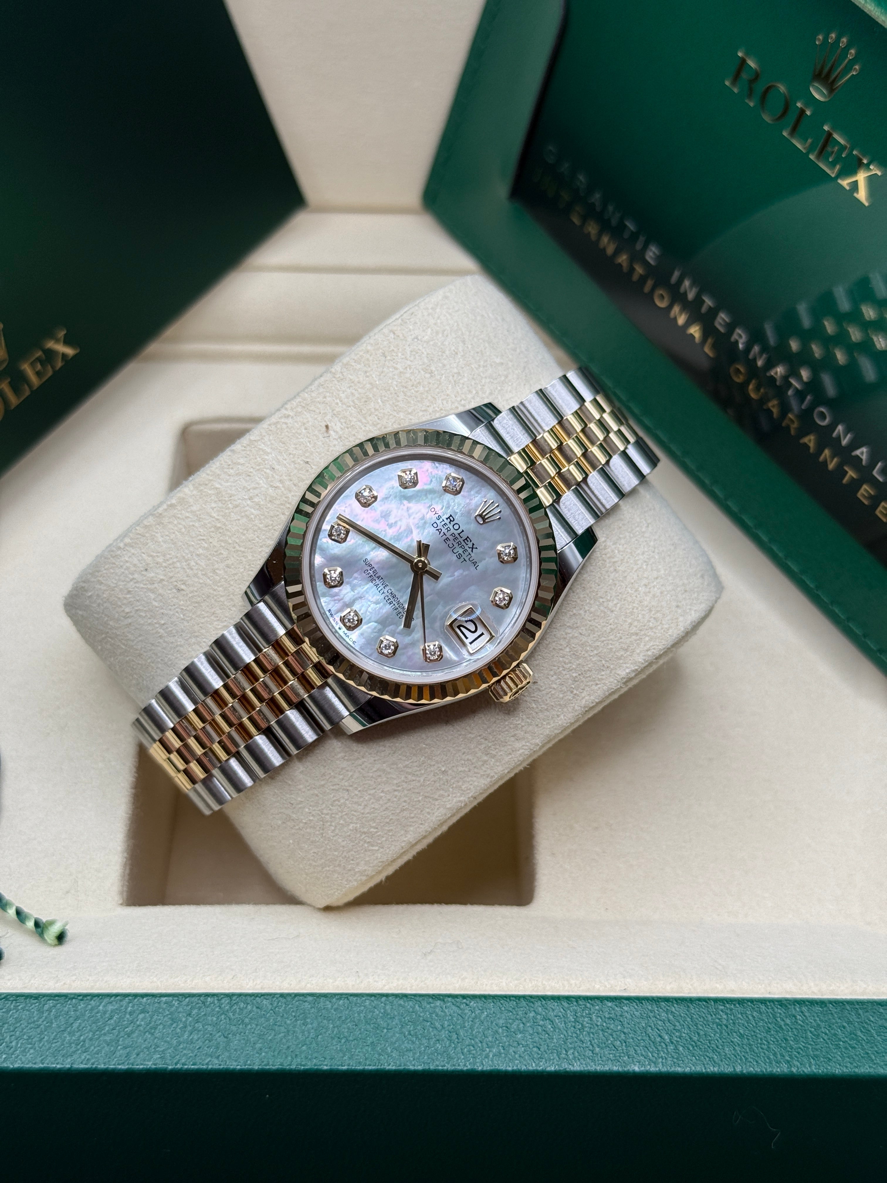 Datejust 31 Yellow Gold Two-Tone Mother of Pearl Diamond Luxury Watch