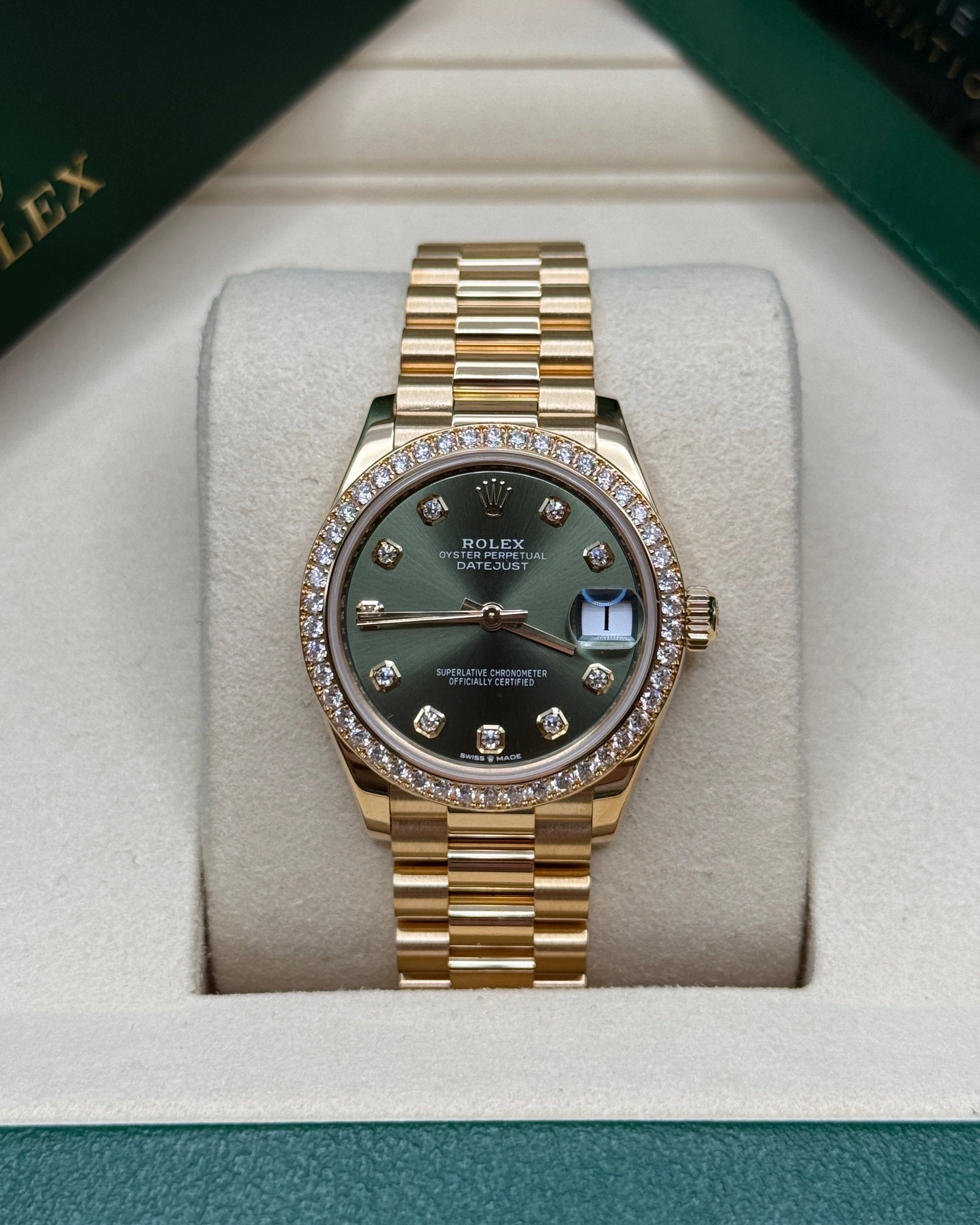 Datejust 31 Yellow Gold Olive Green Diamond Luxury Watch