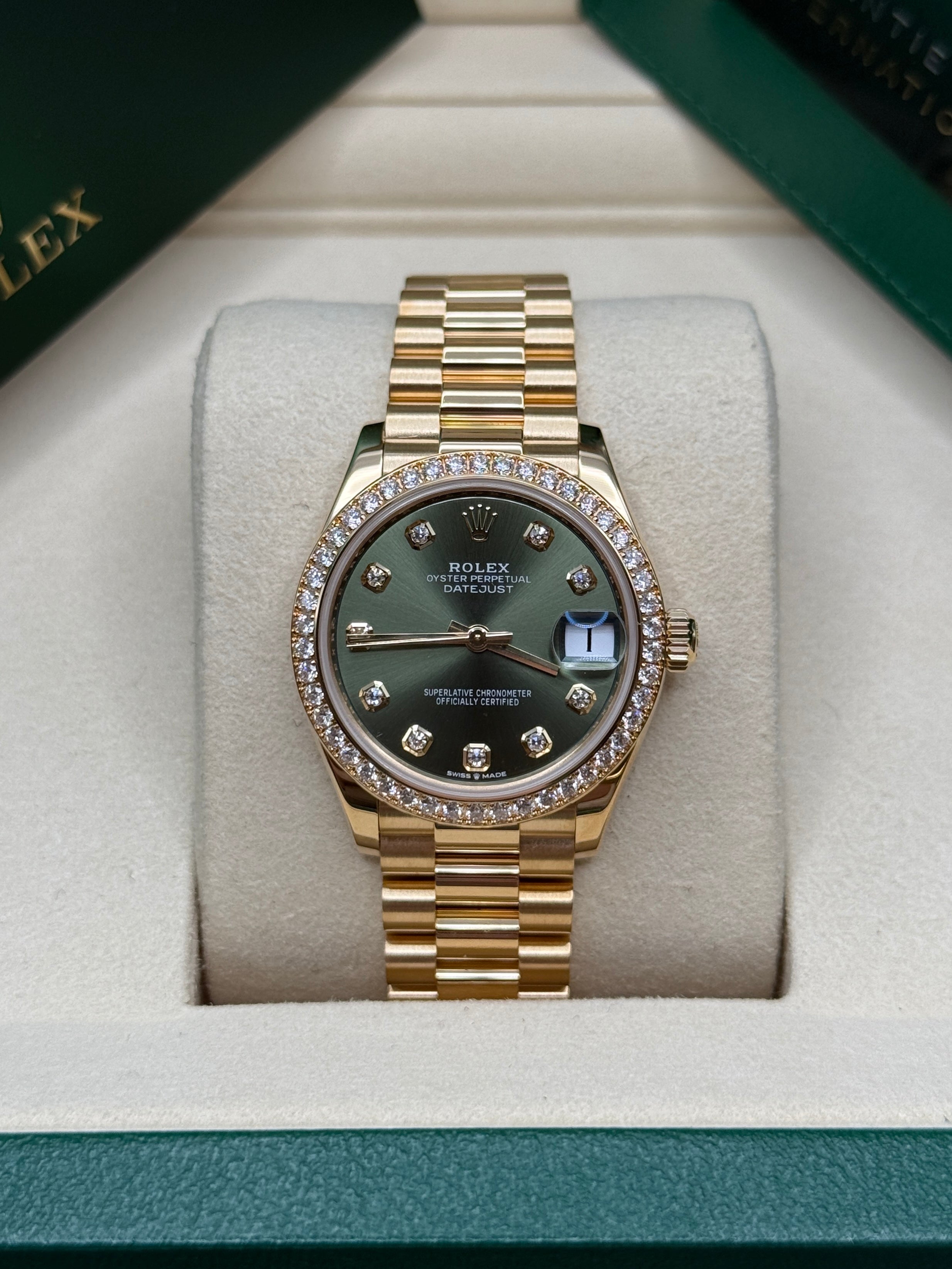 Datejust 31 Yellow Gold Olive Green Diamond Luxury Watch