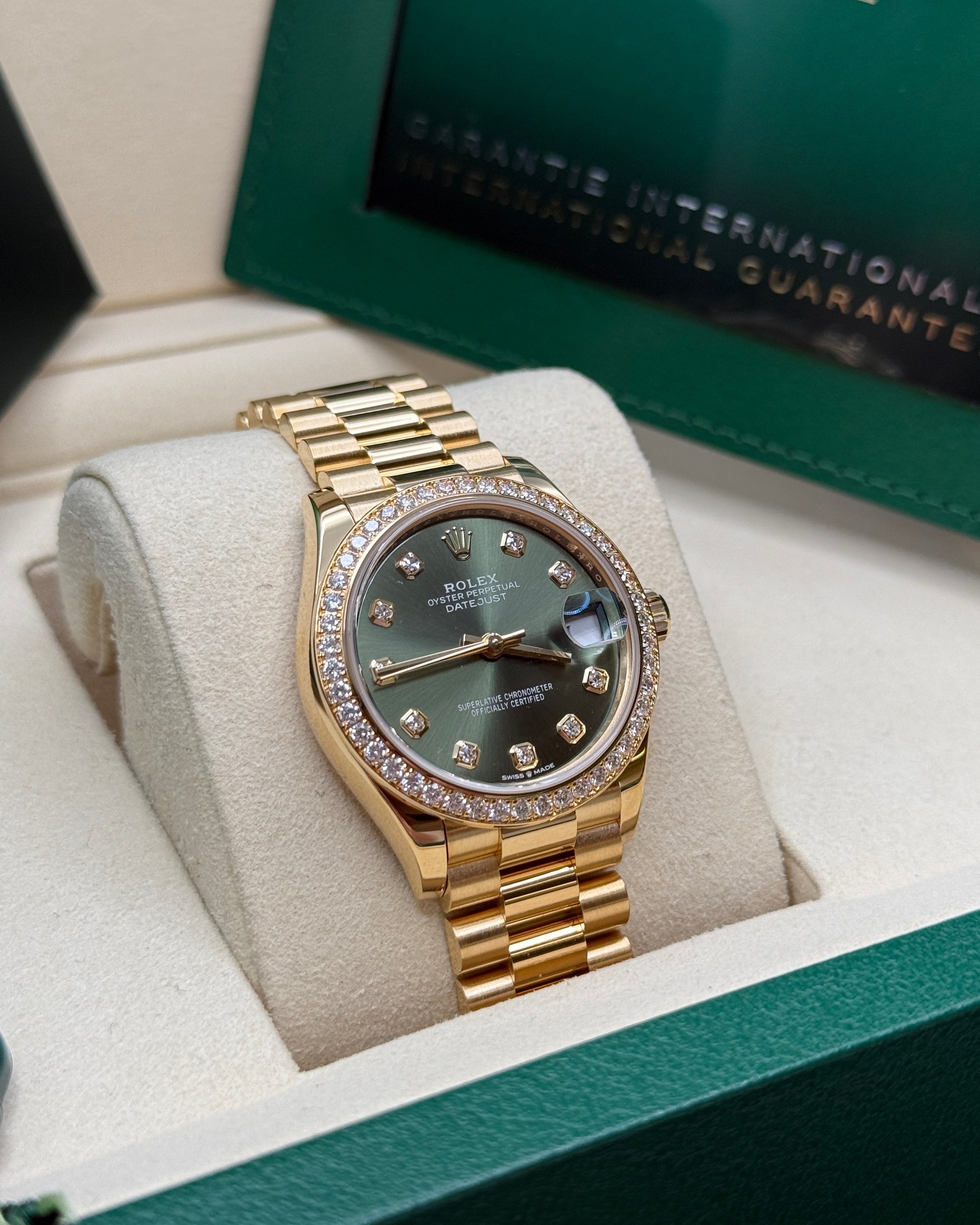 Datejust 31 Yellow Gold Olive Green Diamond Luxury Watch