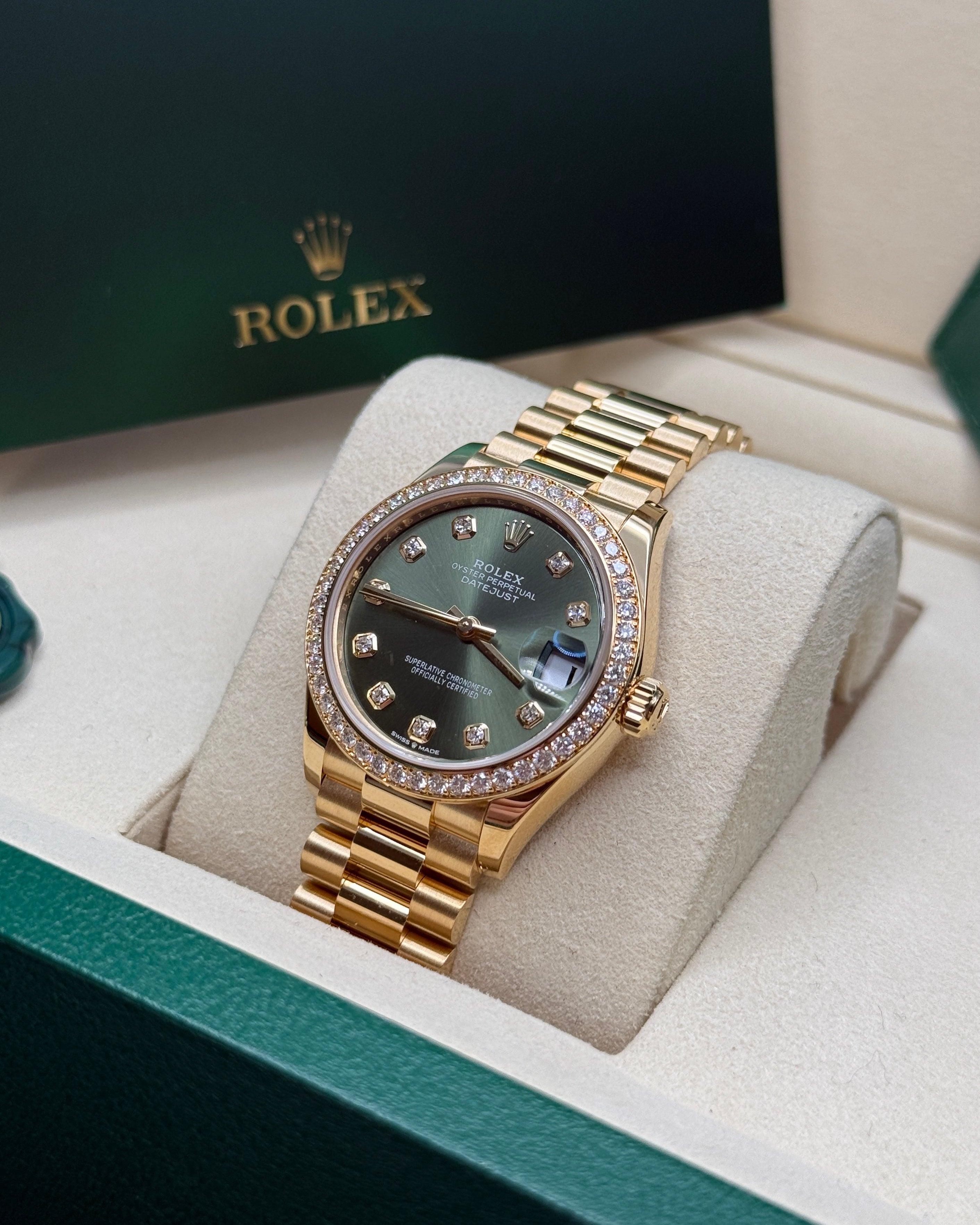 Datejust 31 Yellow Gold Olive Green Diamond Luxury Watch