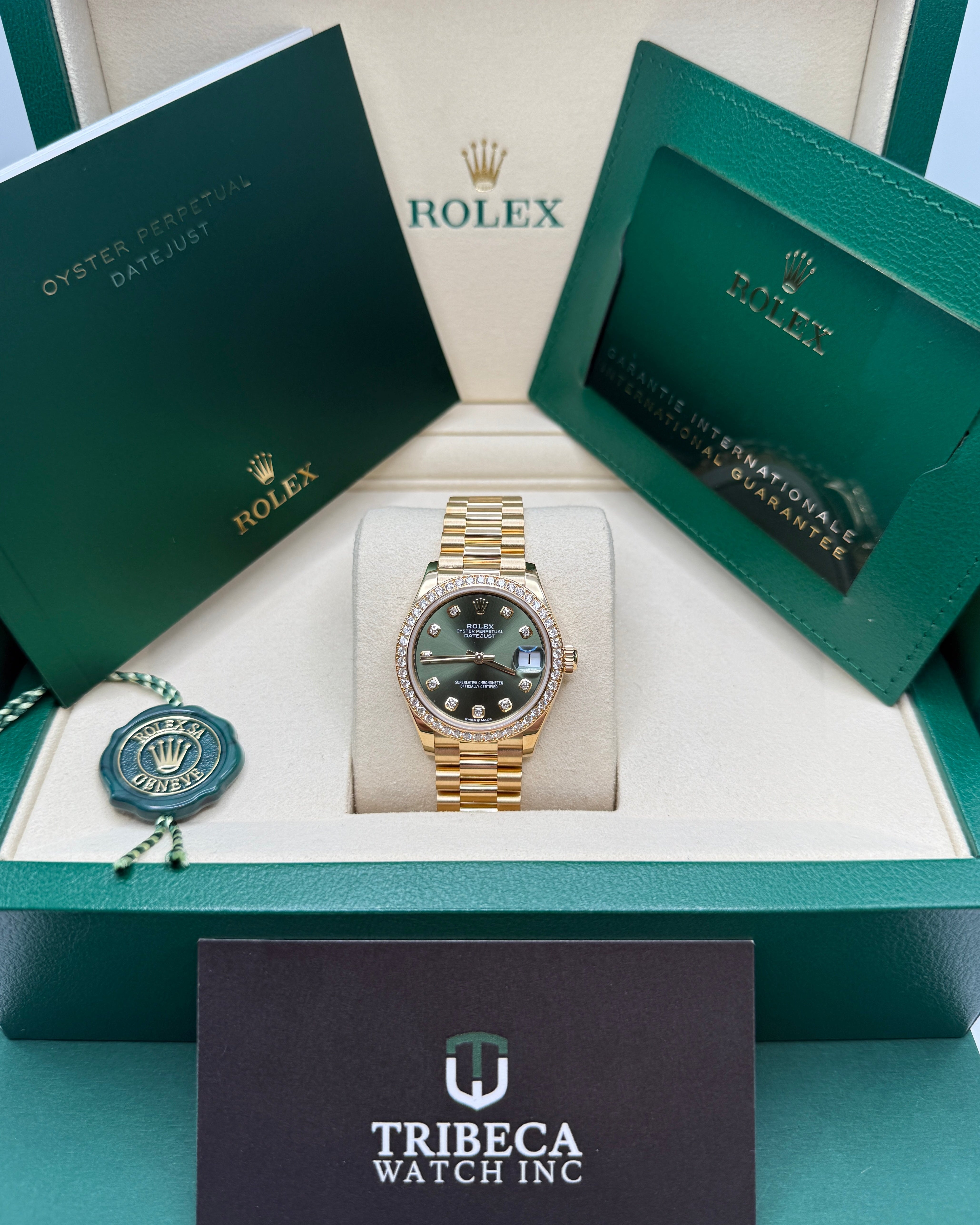 Datejust 31 Yellow Gold Olive Green Diamond Luxury Watch