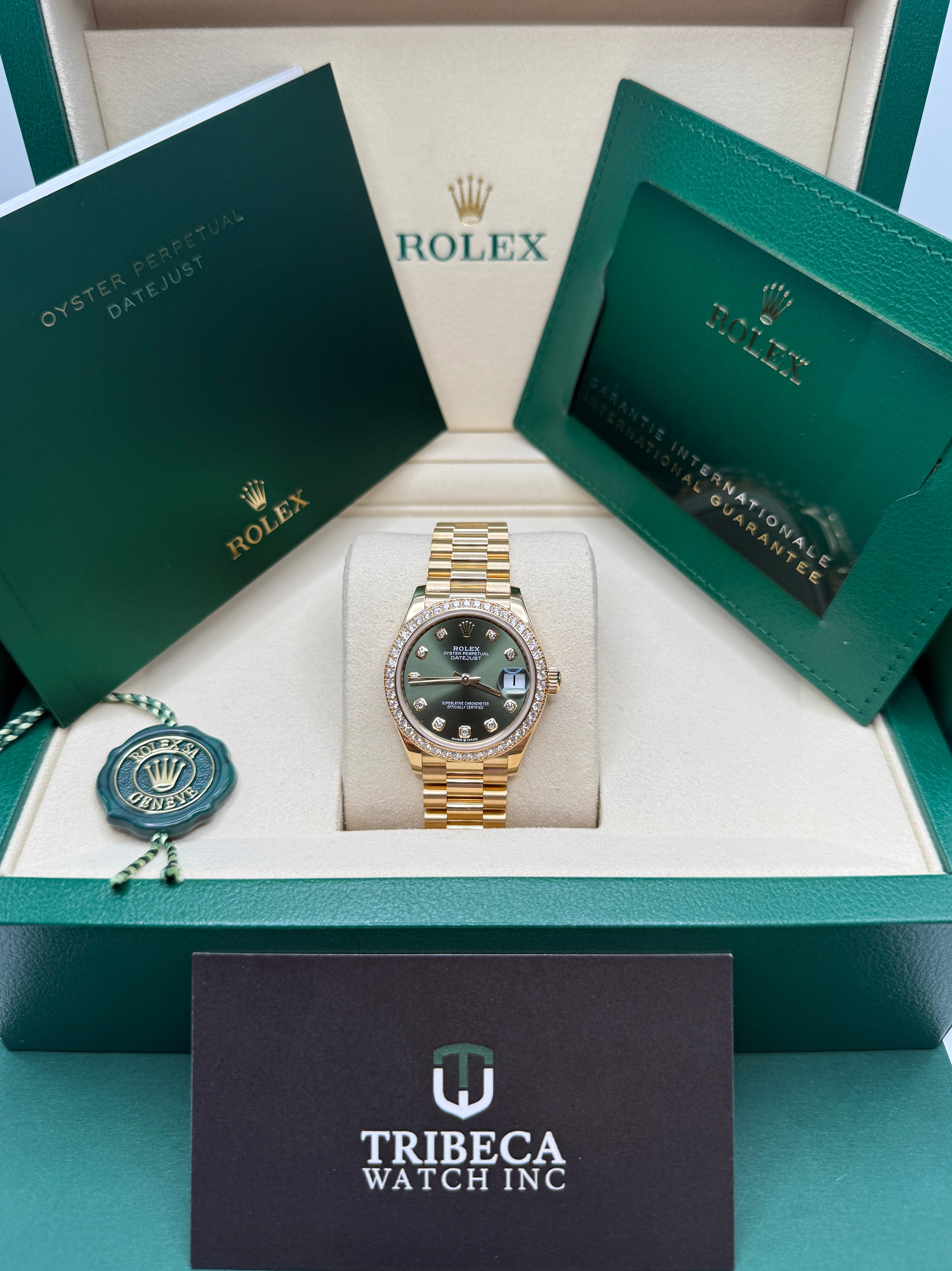 Datejust 31 Yellow Gold Olive Green Diamond Luxury Watch