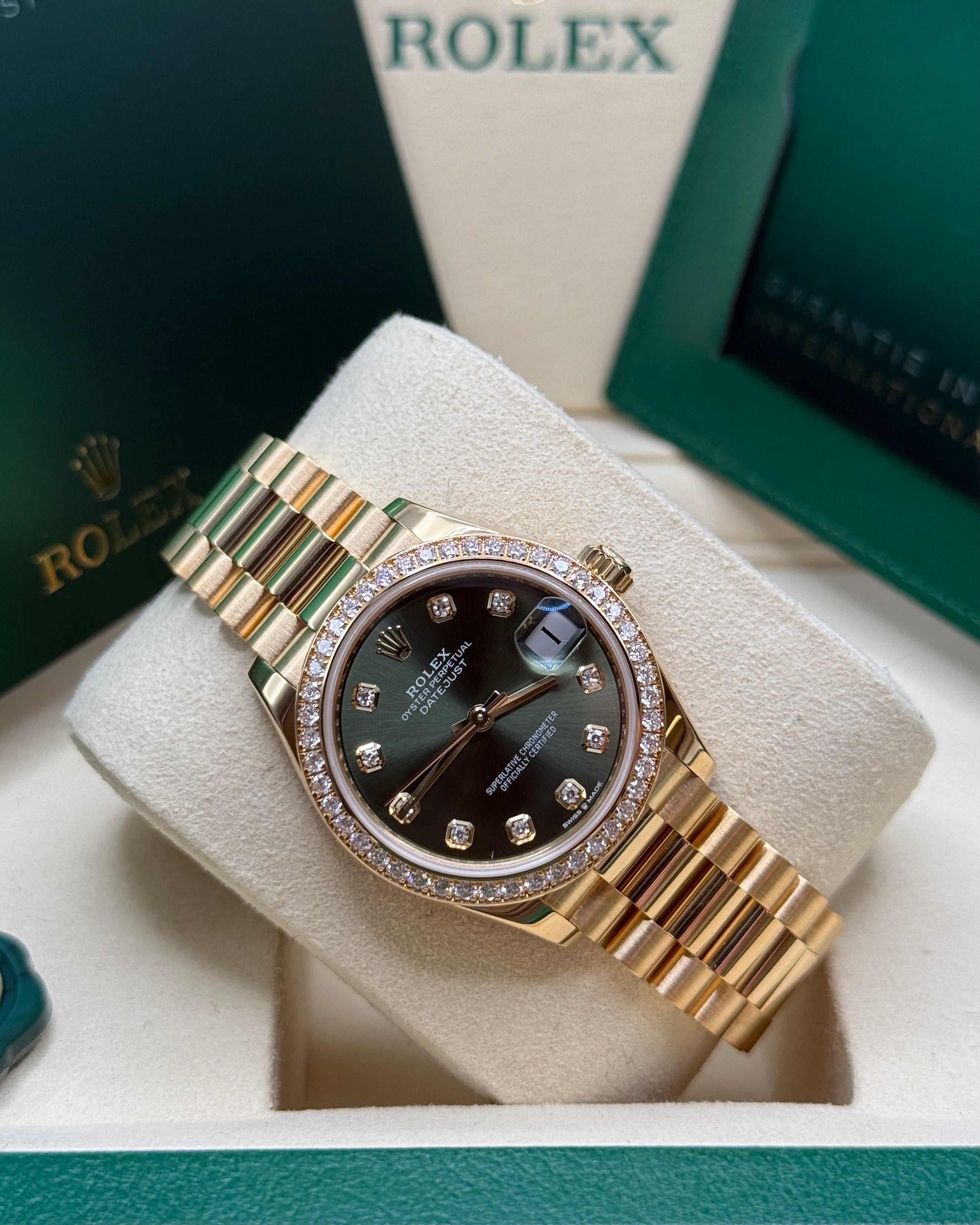 Datejust 31 Yellow Gold Olive Green Diamond Luxury Watch