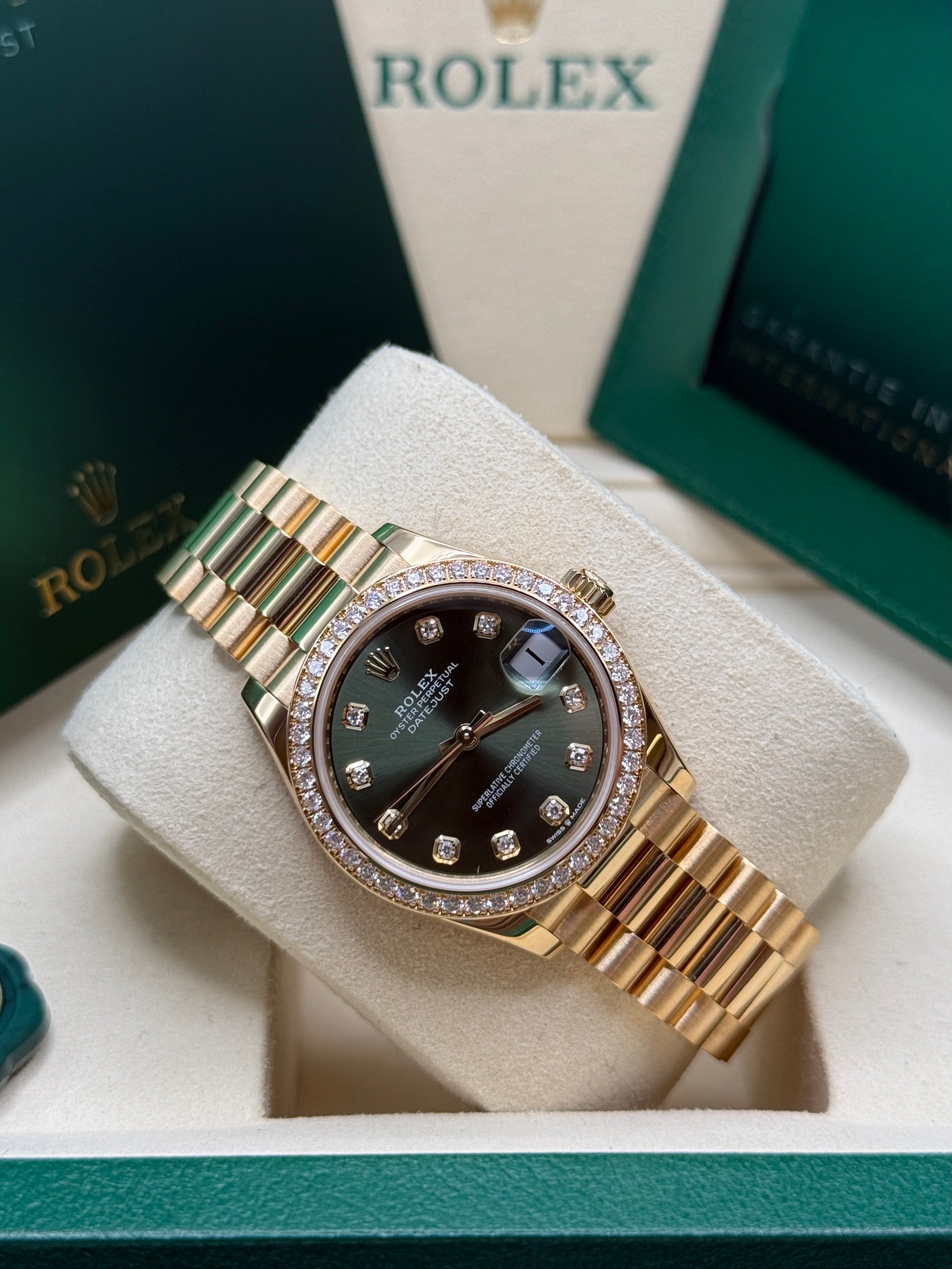 Datejust 31 Yellow Gold Olive Green Diamond Luxury Watch