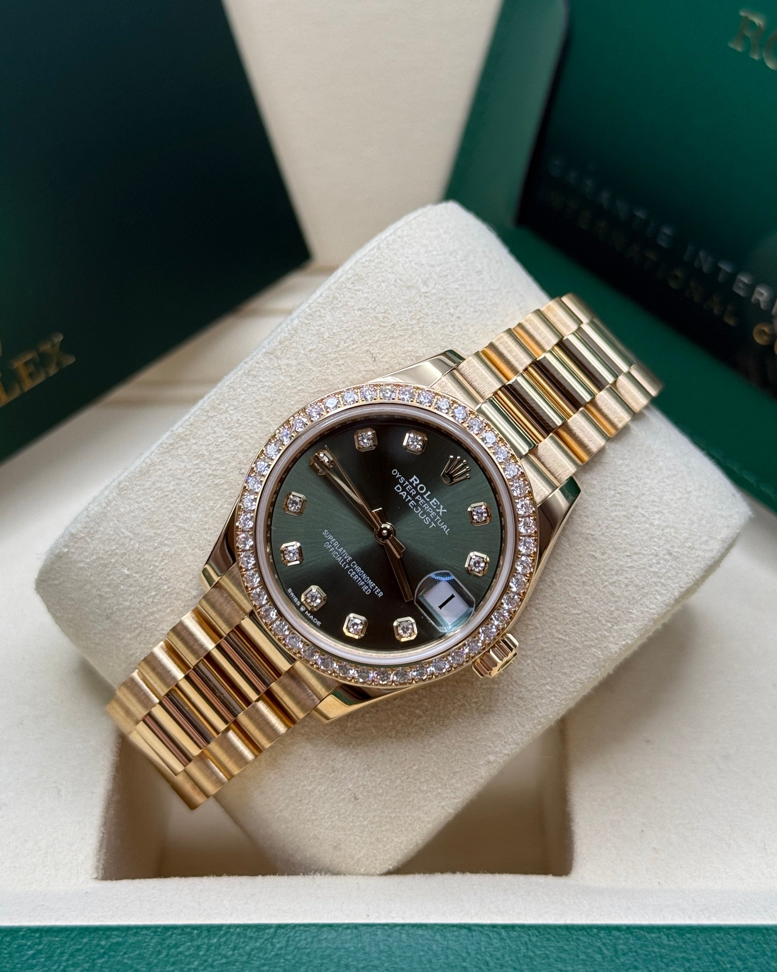Datejust 31 Yellow Gold Olive Green Diamond Luxury Watch