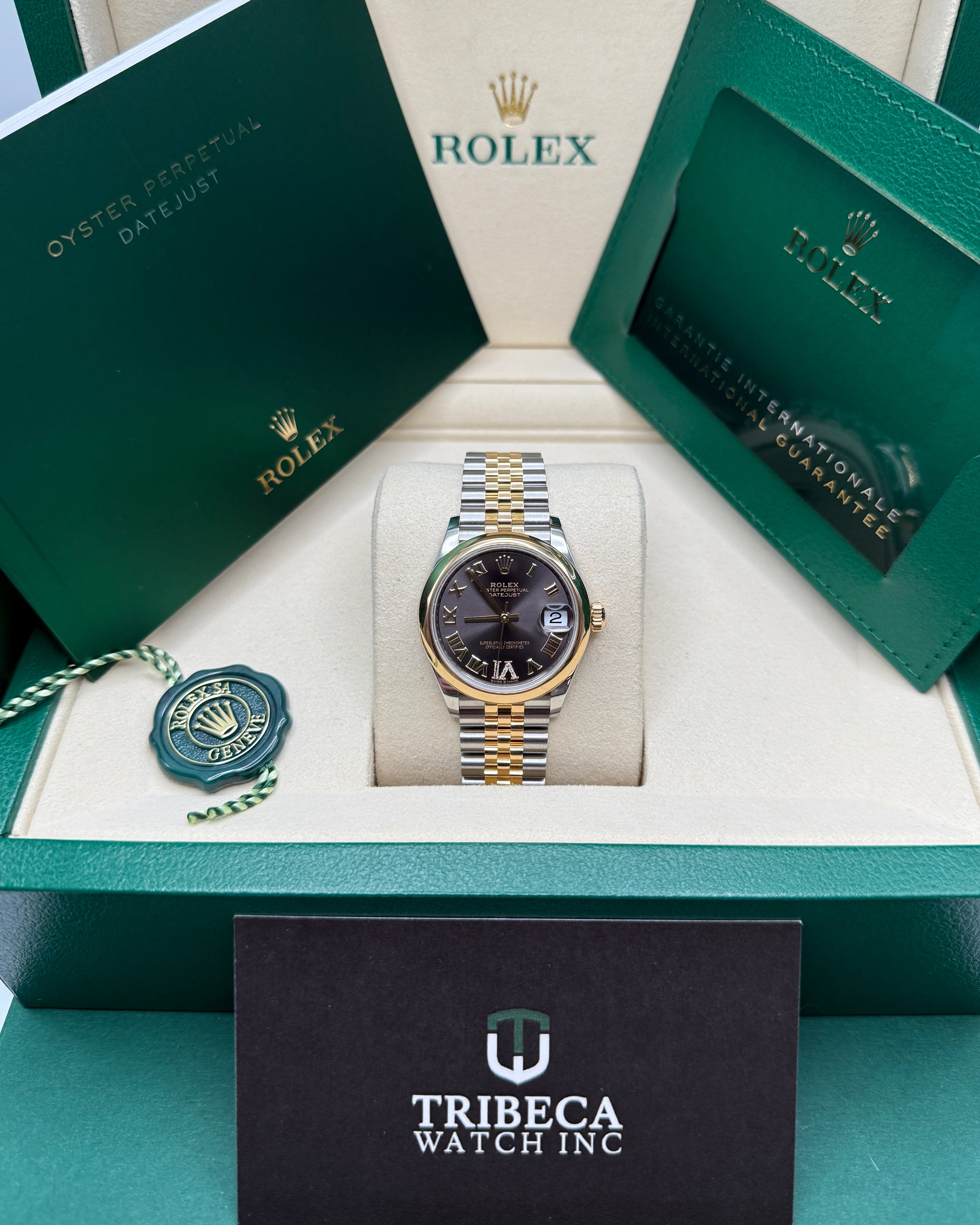 Datejust 31 Yellow Gold Two-Tone Black Dark Grey Roman Diamond Luxury Watch