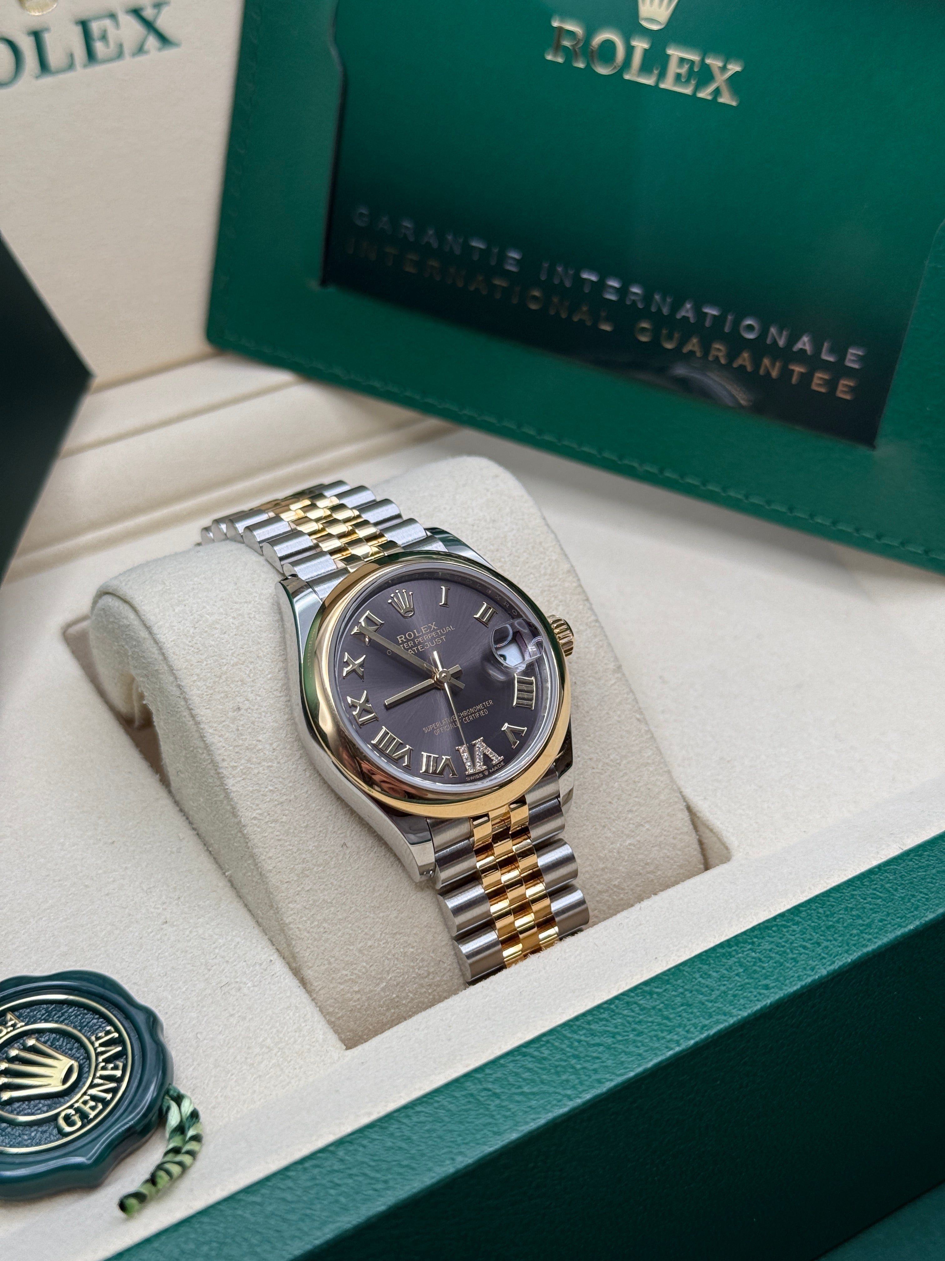 Datejust 31 Yellow Gold Two-Tone Black Dark Grey Roman Diamond Luxury Watch