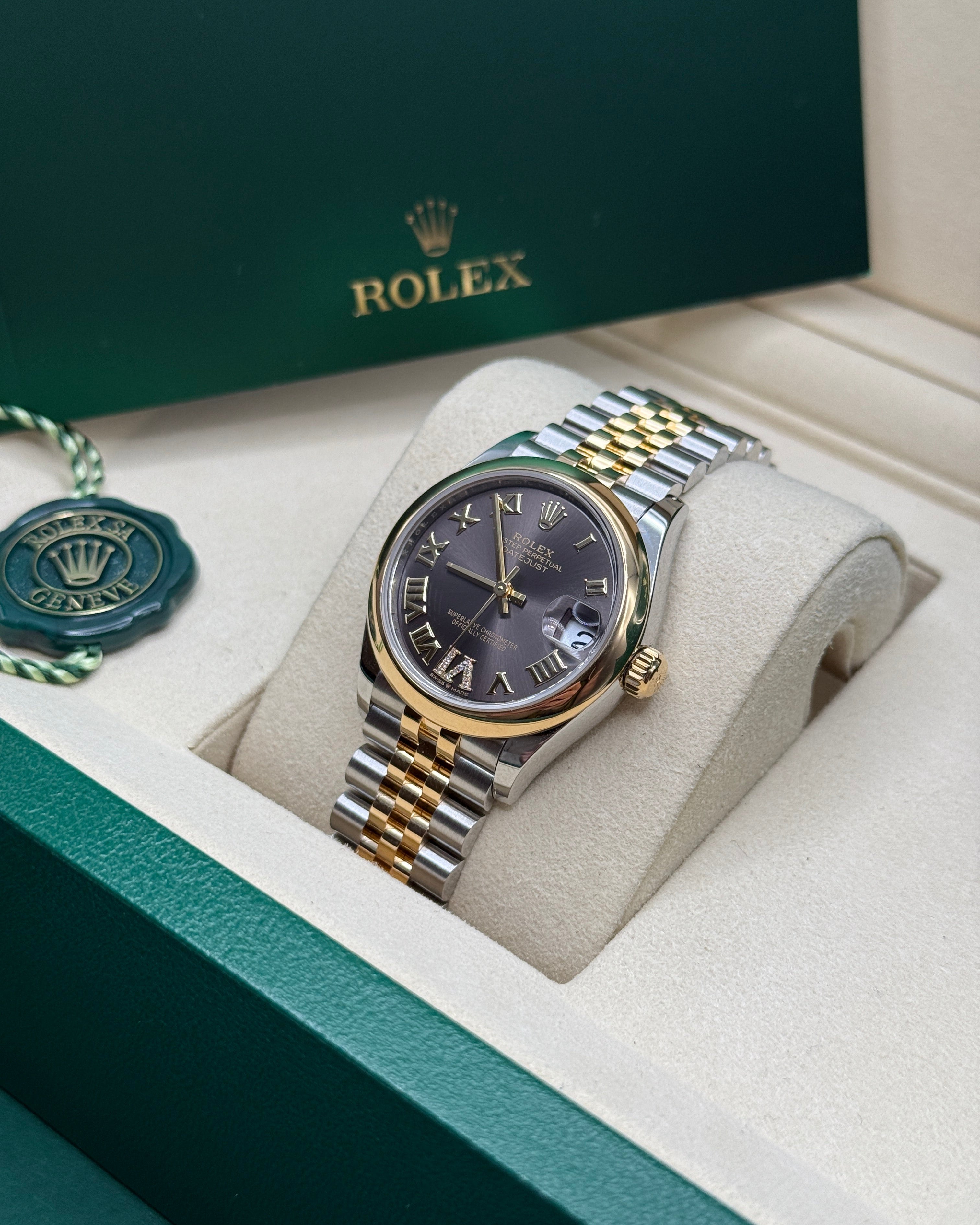 Datejust 31 Yellow Gold Two-Tone Black Dark Grey Roman Diamond Luxury Watch