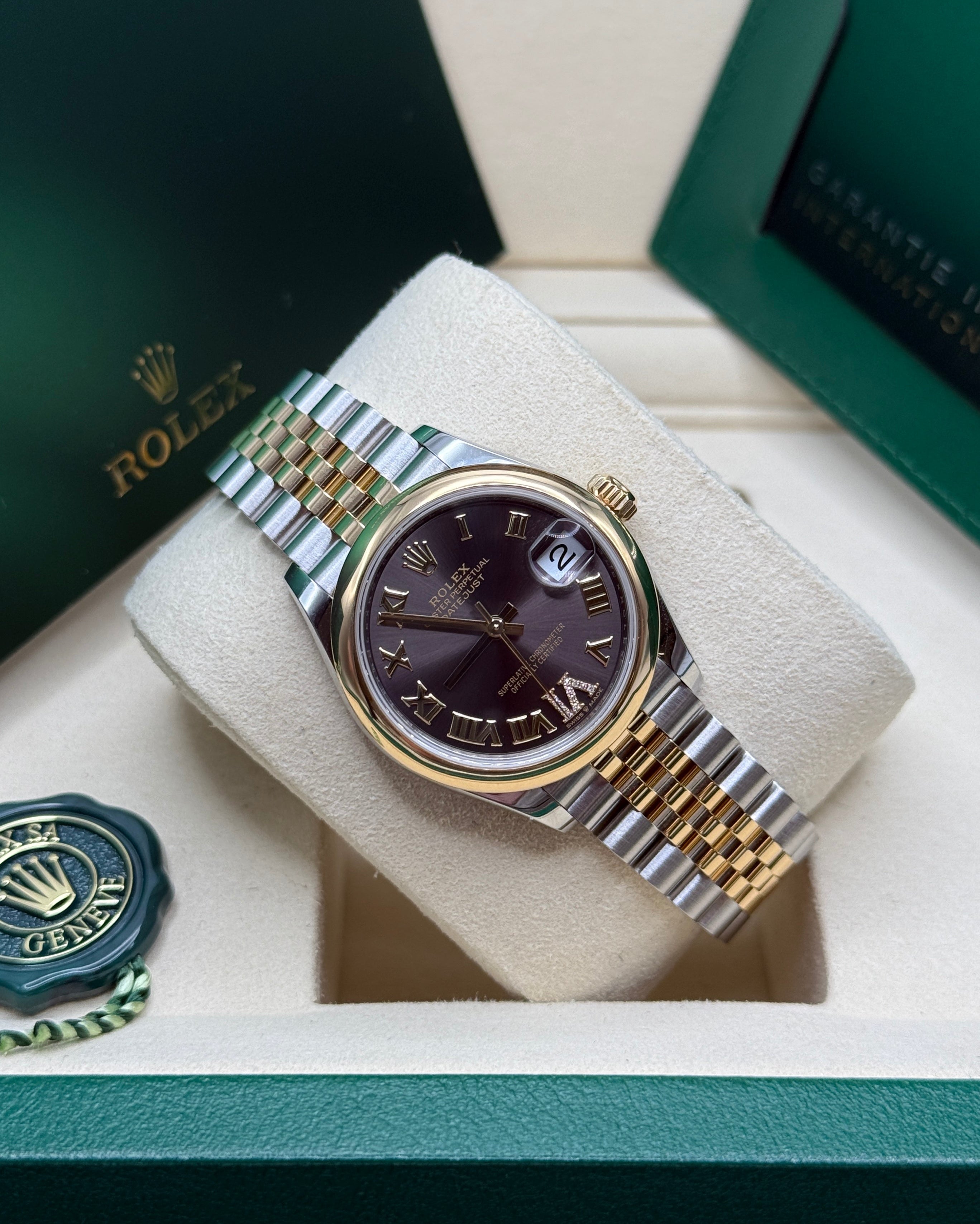 Datejust 31 Yellow Gold Two-Tone Black Dark Grey Roman Diamond Luxury Watch