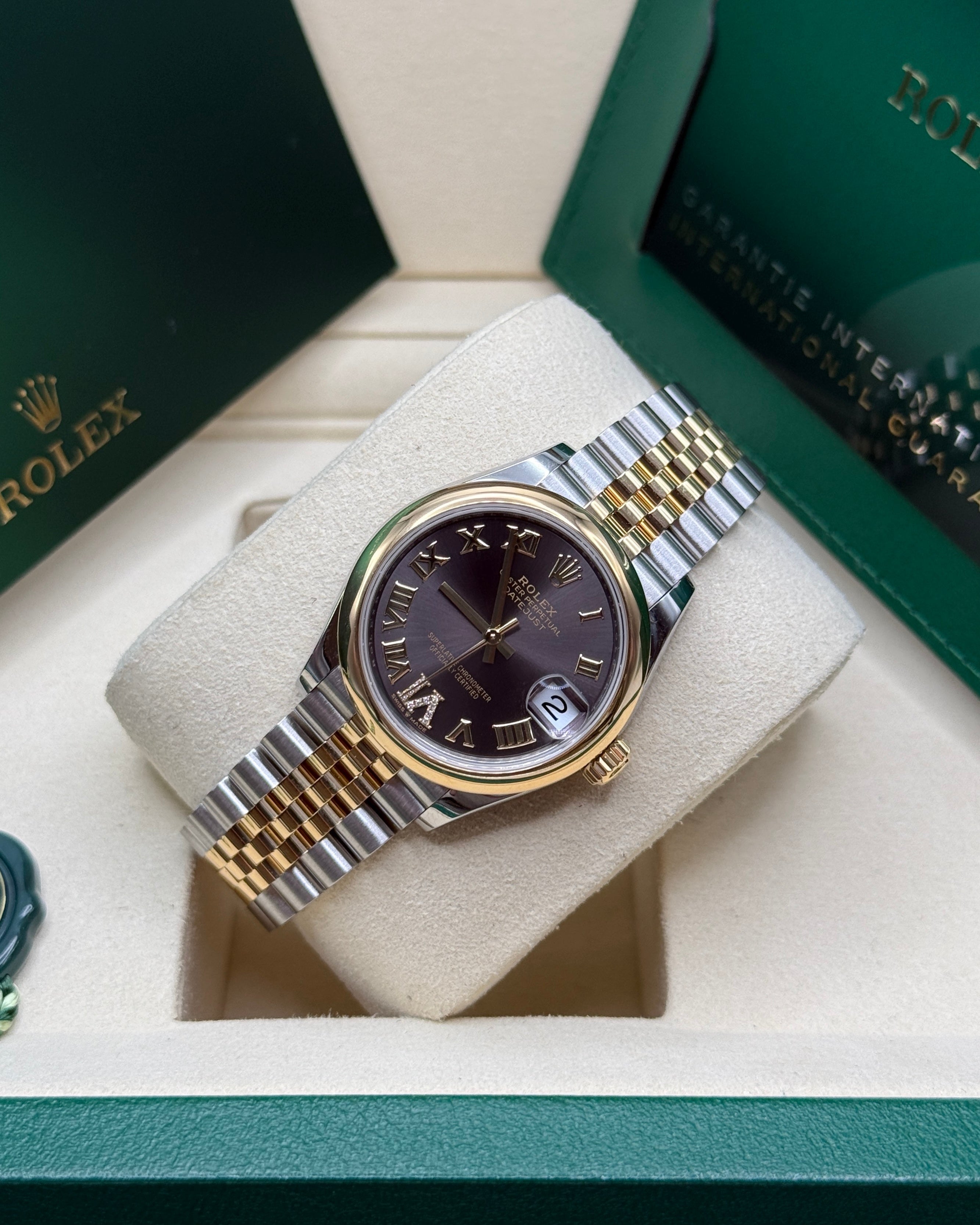 Datejust 31 Yellow Gold Two-Tone Black Dark Grey Roman Diamond Luxury Watch