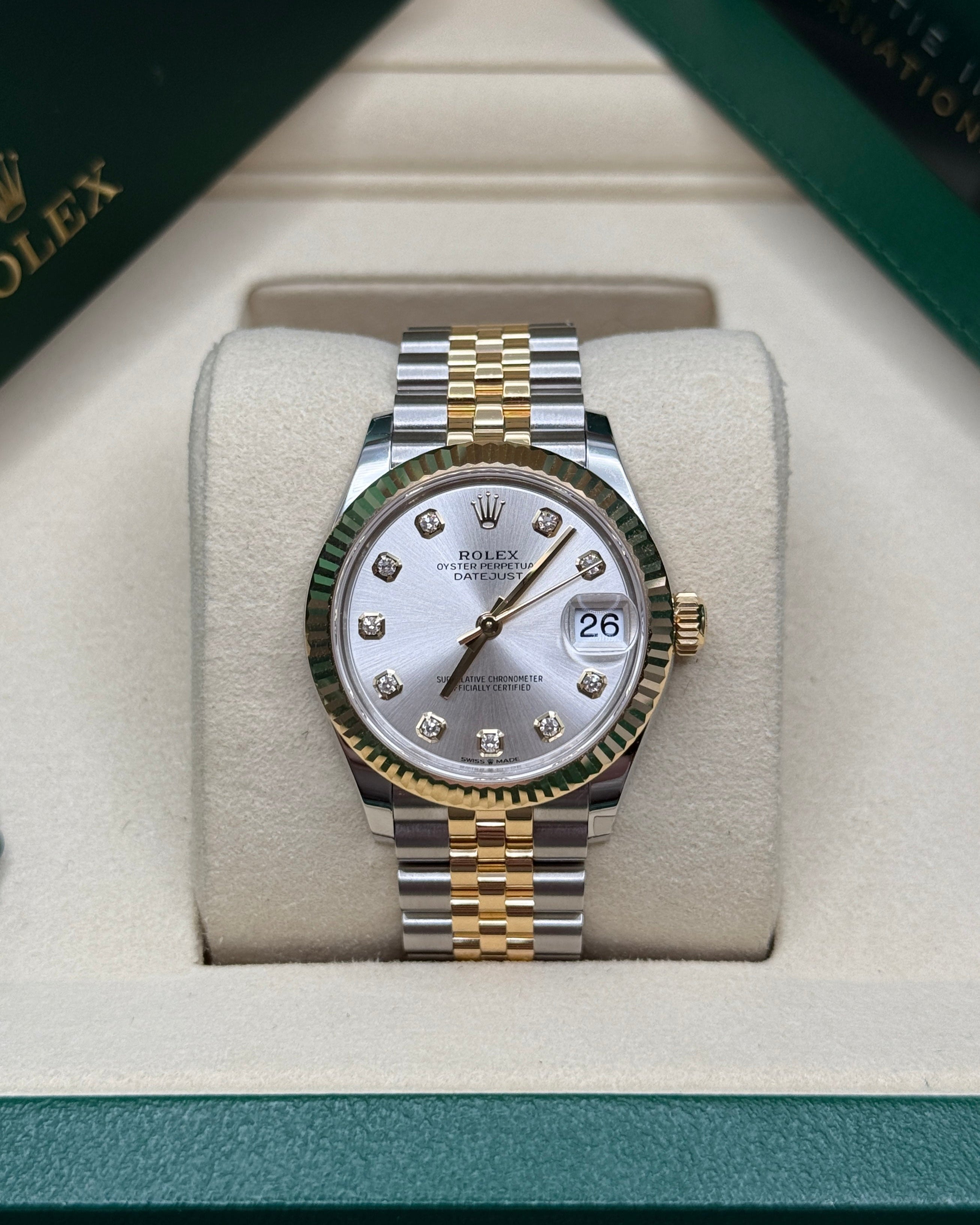 Datejust 31 Yellow Gold Two-Tone Silver Diamond Luxury Watch