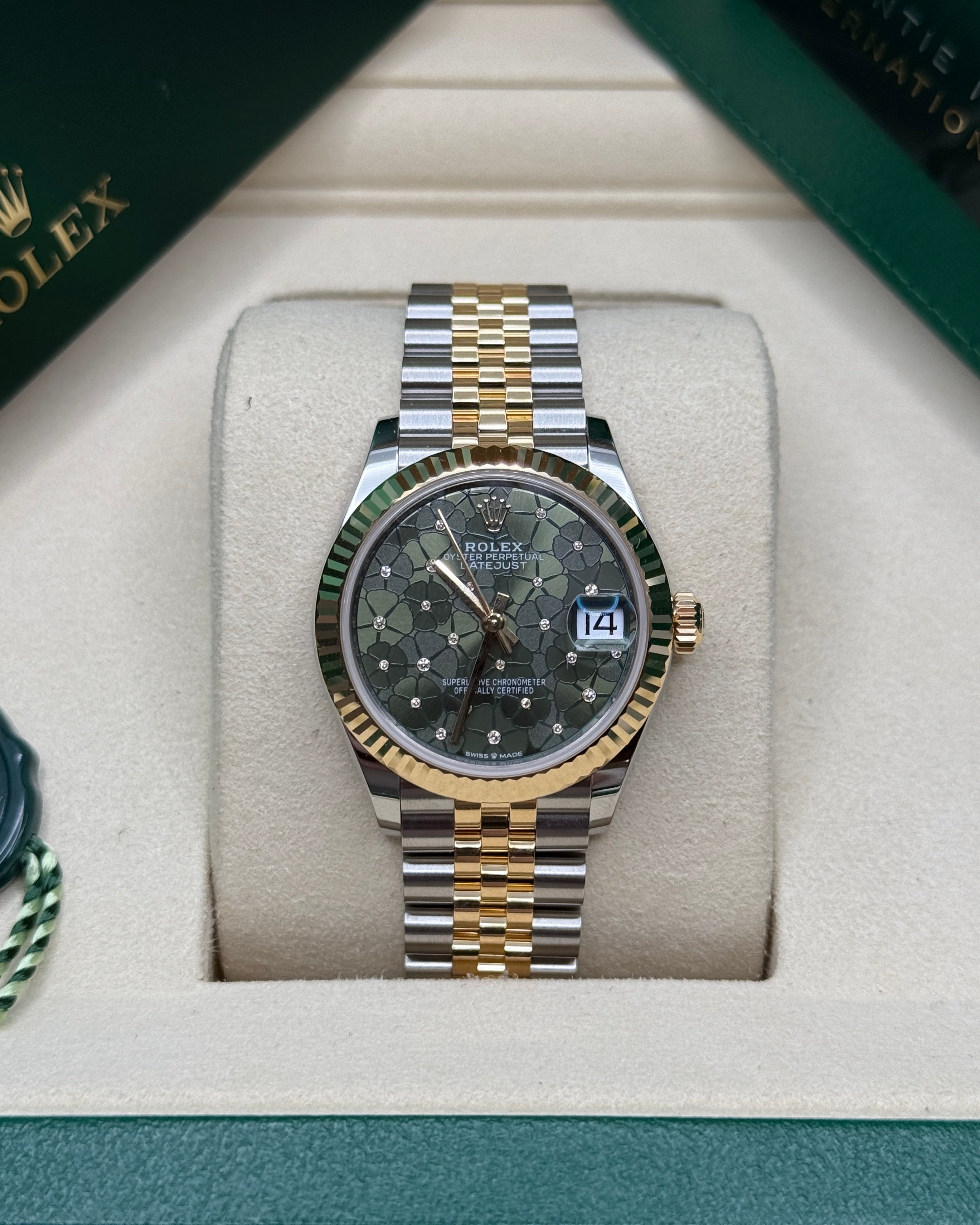 Datejust 31 Yellow Gold Two-Tone Olive Green Floral-Motif Diamond Luxury Watch