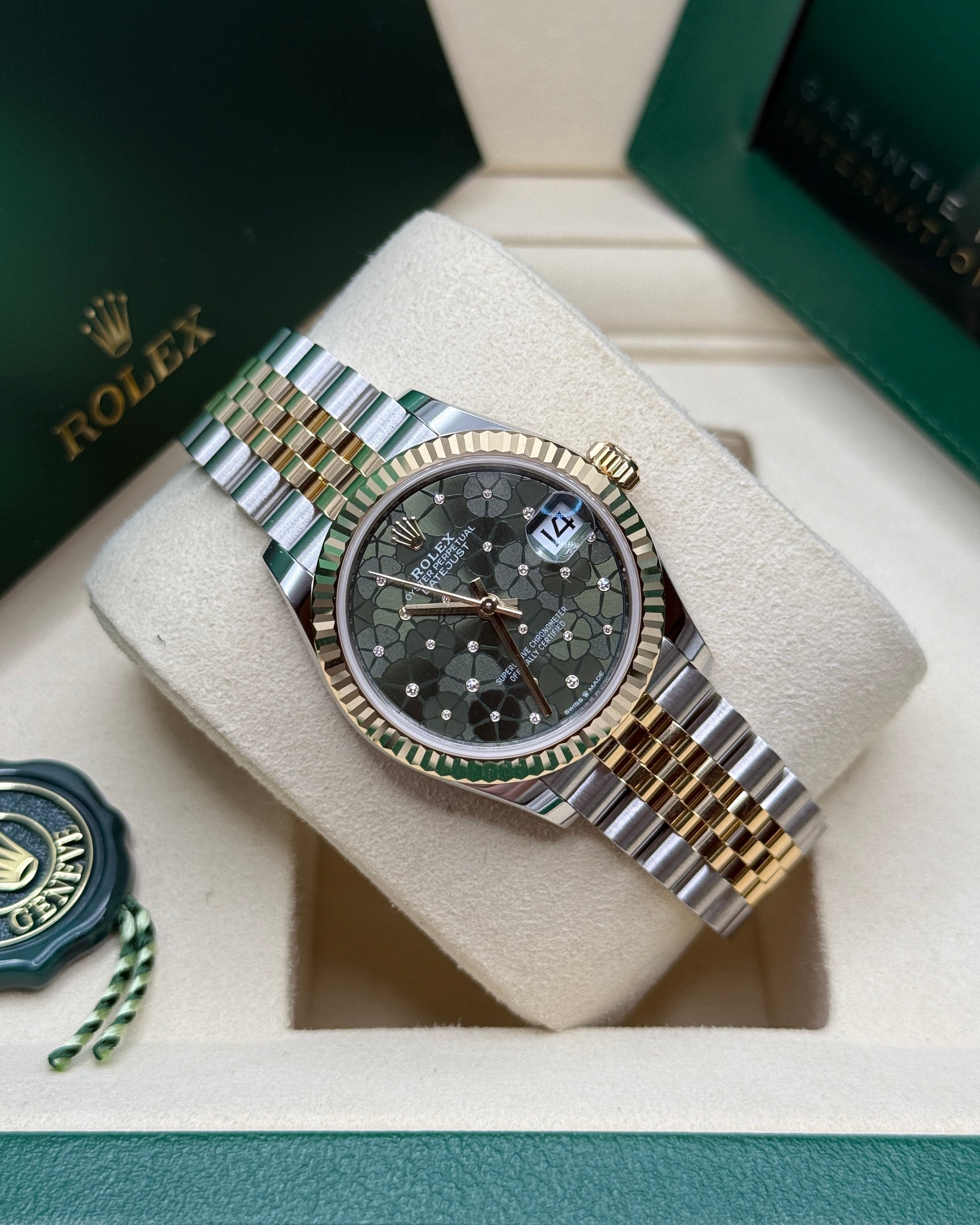 Datejust 31 Yellow Gold Two-Tone Olive Green Floral-Motif Diamond Luxury Watch