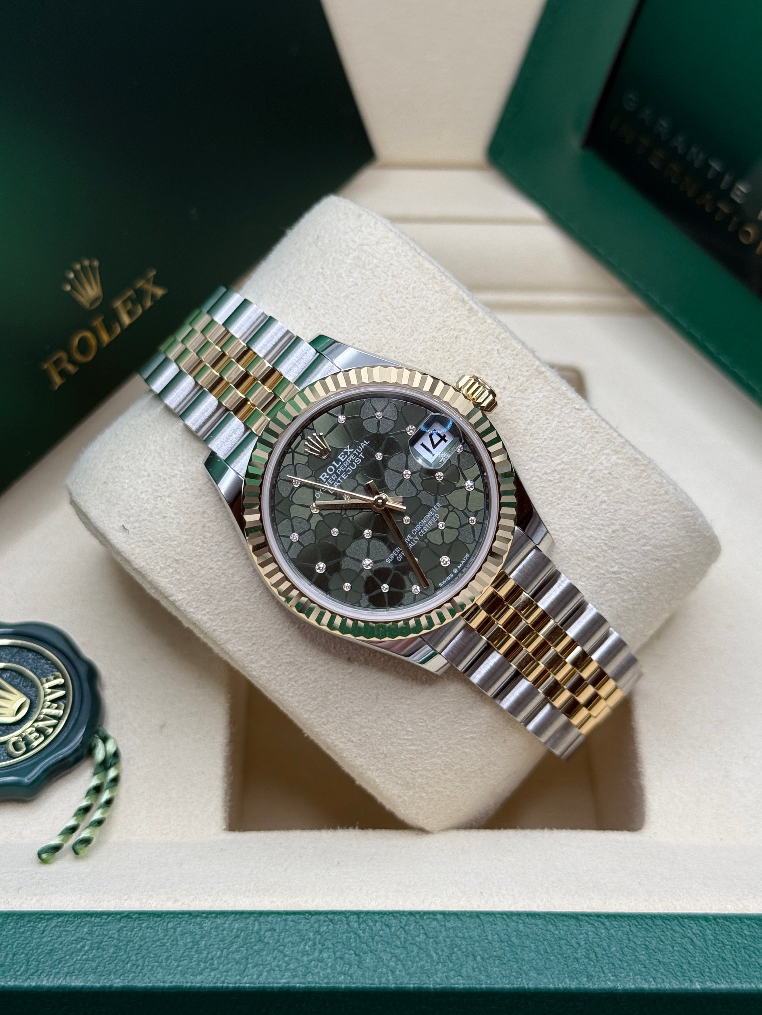 Datejust 31 Yellow Gold Two-Tone Olive Green Floral-Motif Diamond Luxury Watch