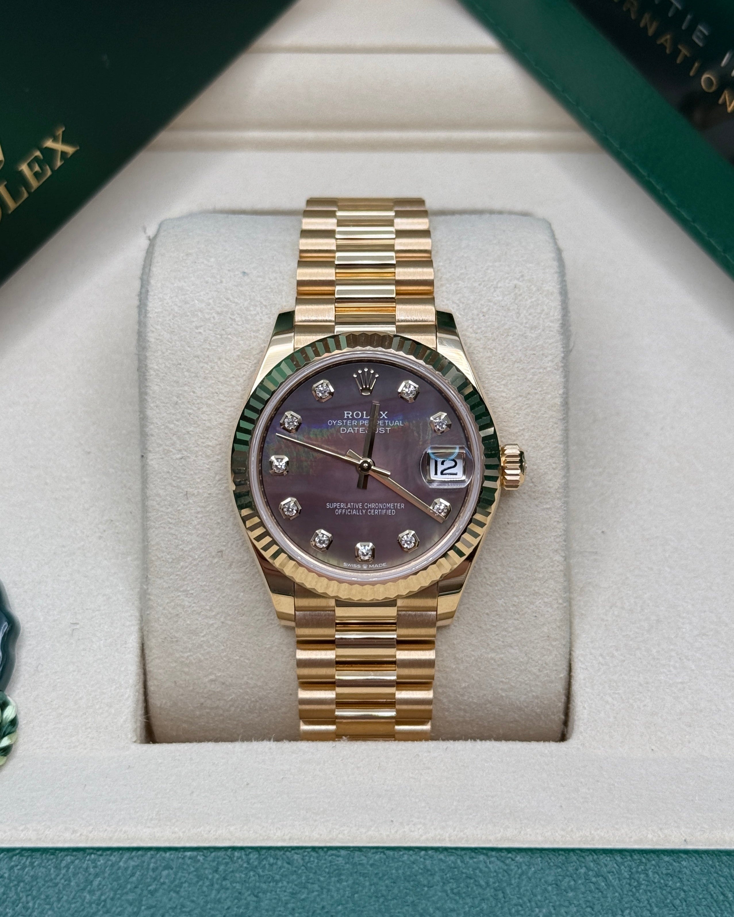 Datejust 31 Yellow Gold Black Mother of Pearl Diamond Luxury Watch
