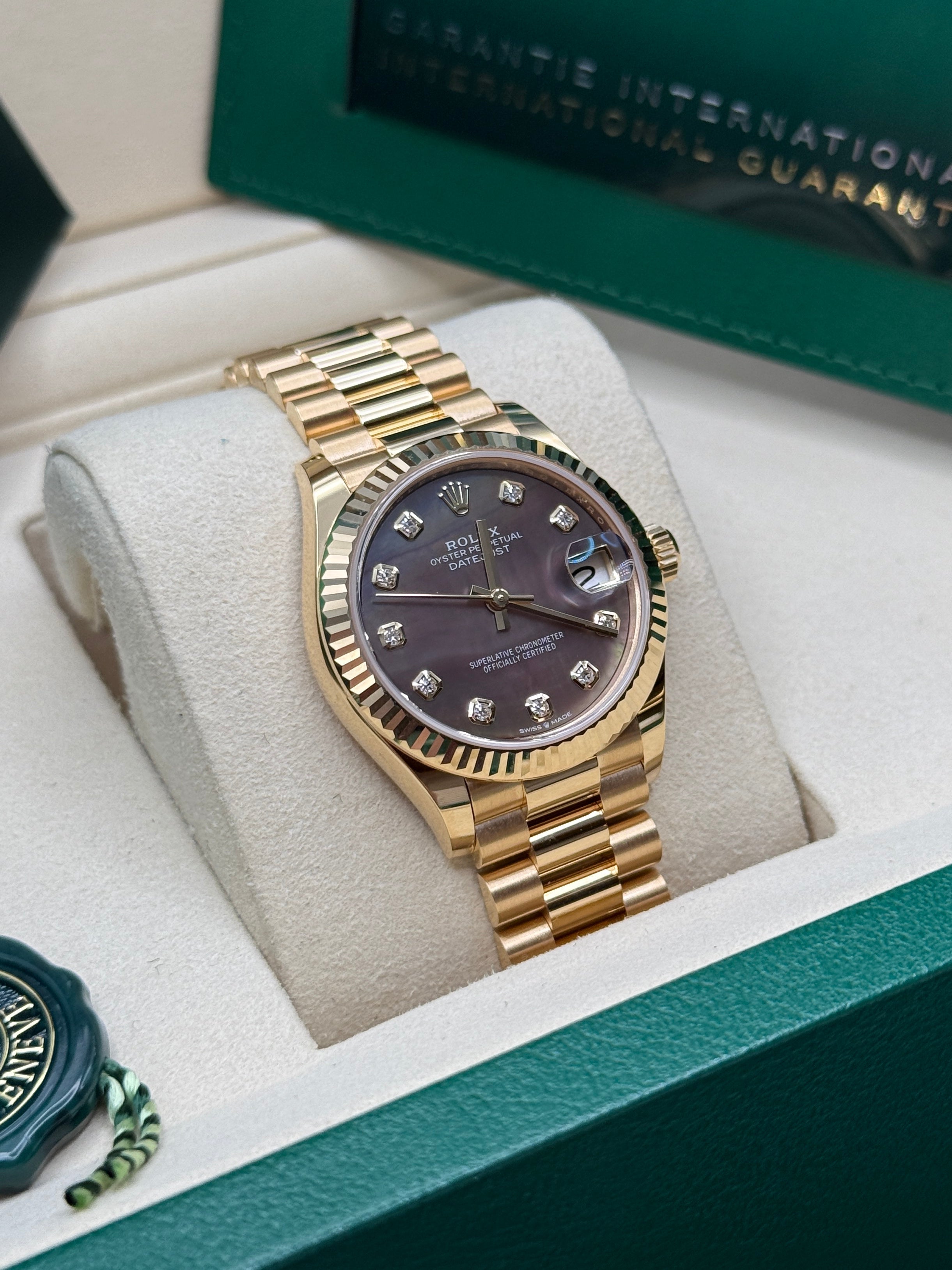 Datejust 31 Yellow Gold Black Mother of Pearl Diamond Luxury Watch