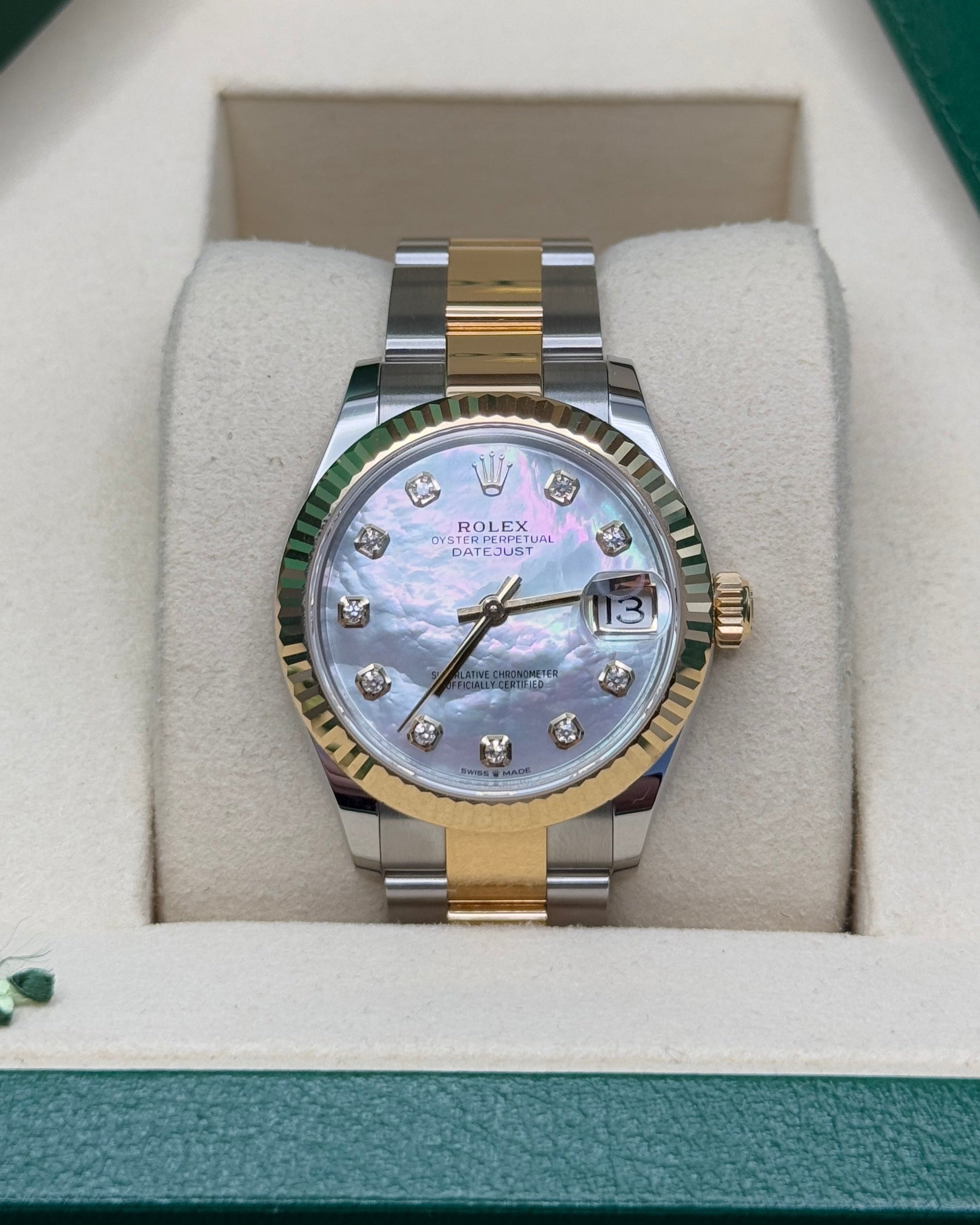 Datejust 31 Yellow Gold Two-Tone Mother of Pearl Diamond Luxury Watch