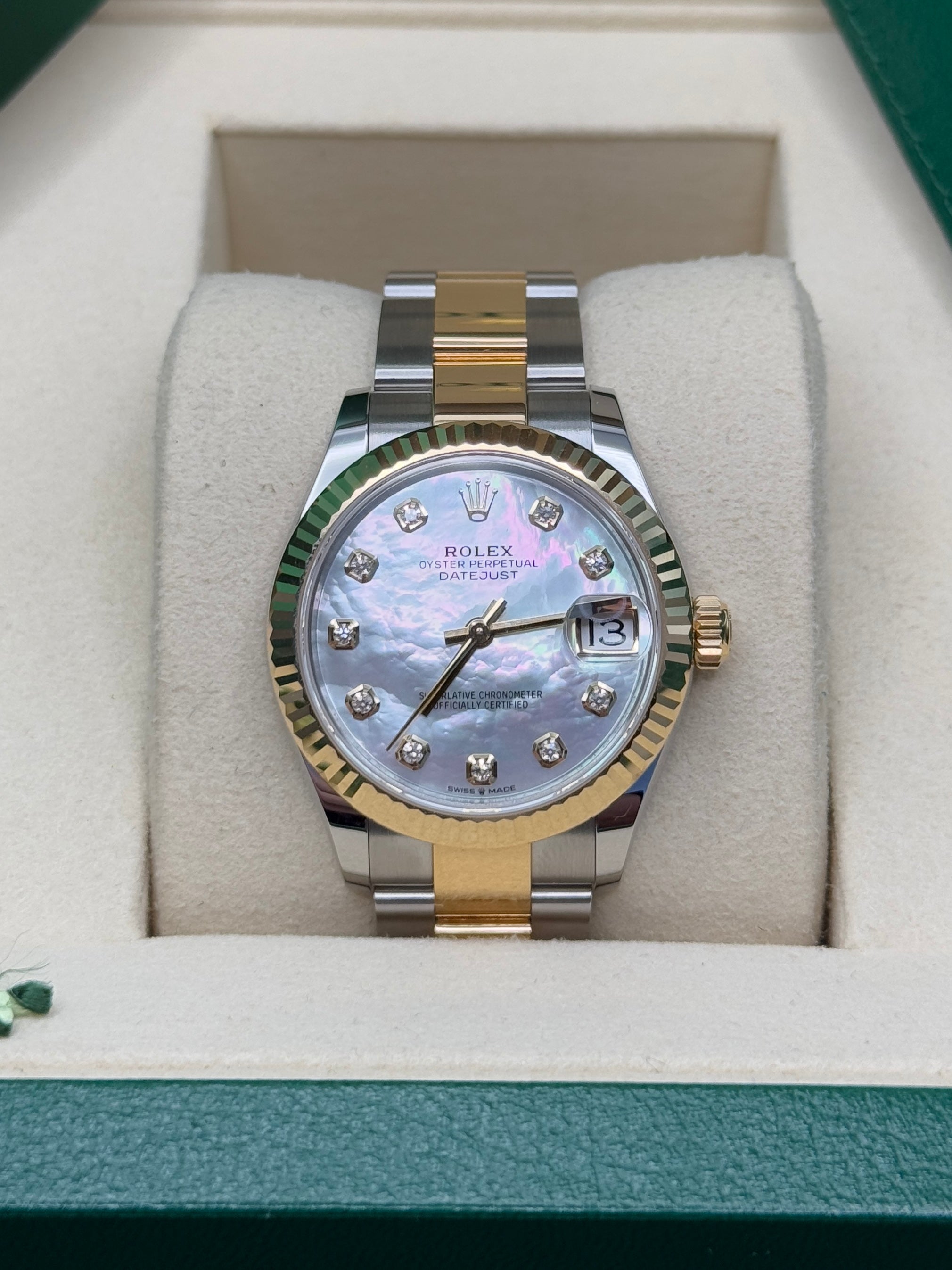 Datejust 31 Yellow Gold Two-Tone Mother of Pearl Diamond Luxury Watch