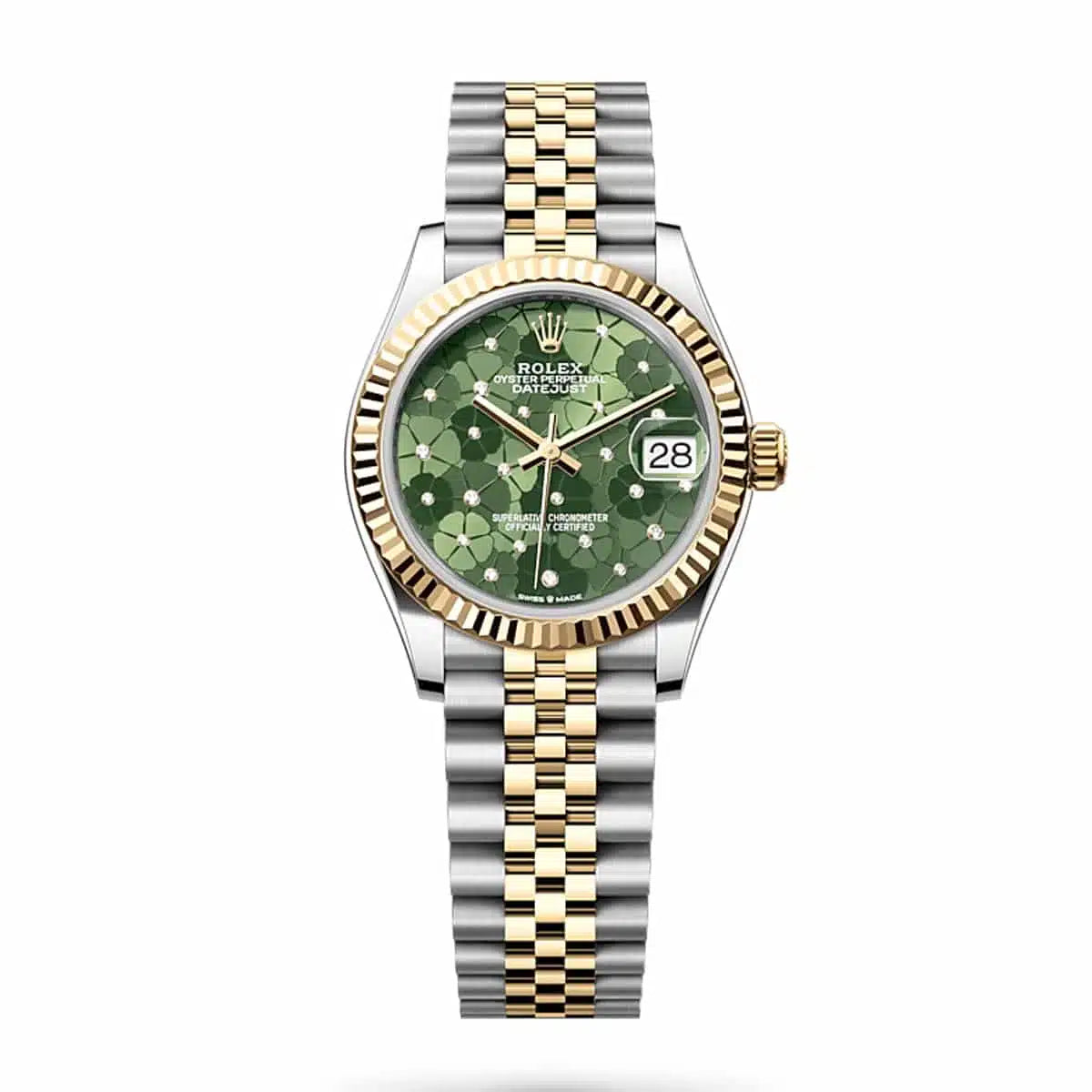 Datejust 31 Yellow Gold Two-Tone Olive Green Floral-Motif Diamond Luxury Watch