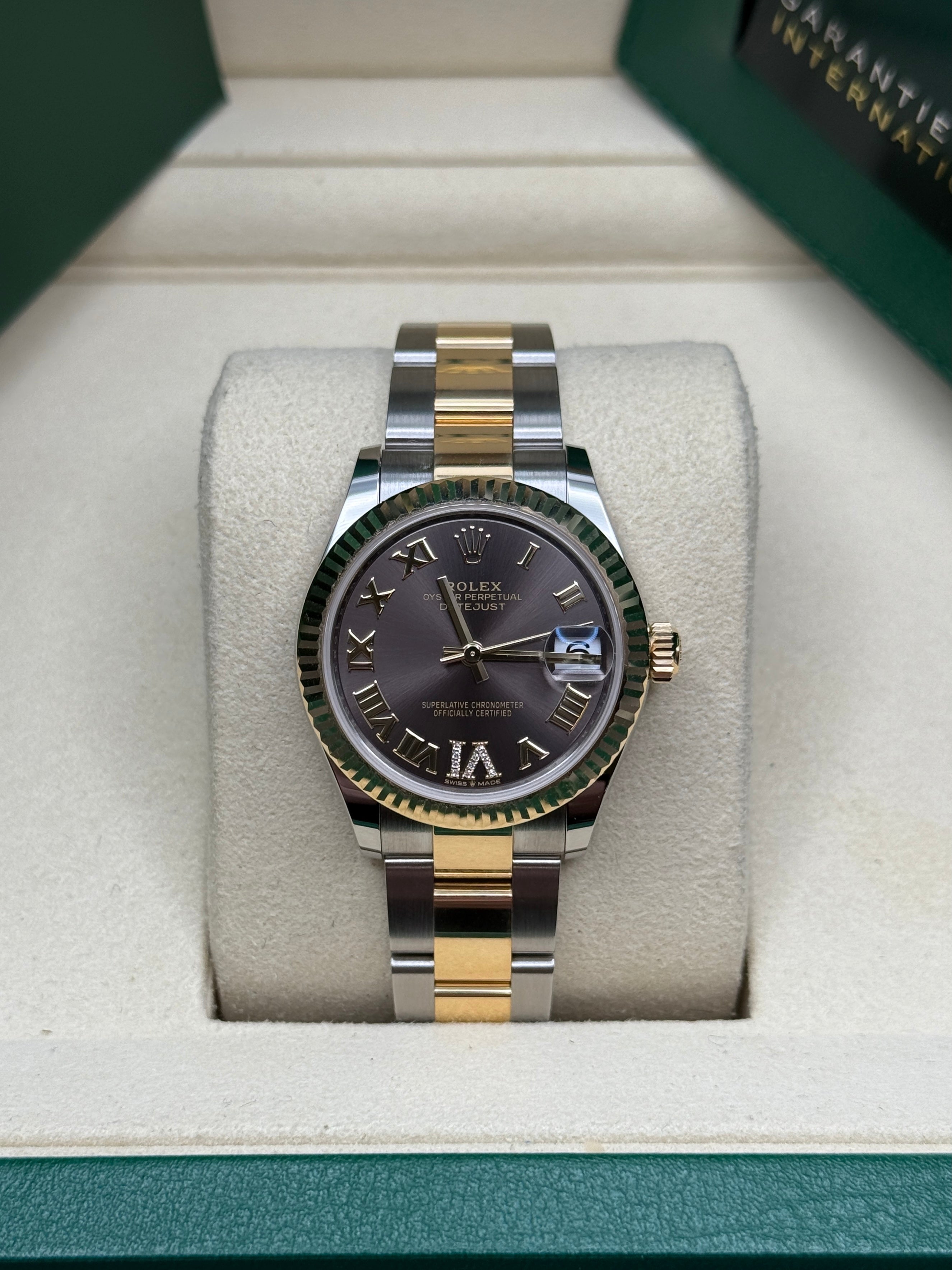 Datejust 31 Yellow Gold Two-Tone Dark Grey Roman Diamond Luxury Watch