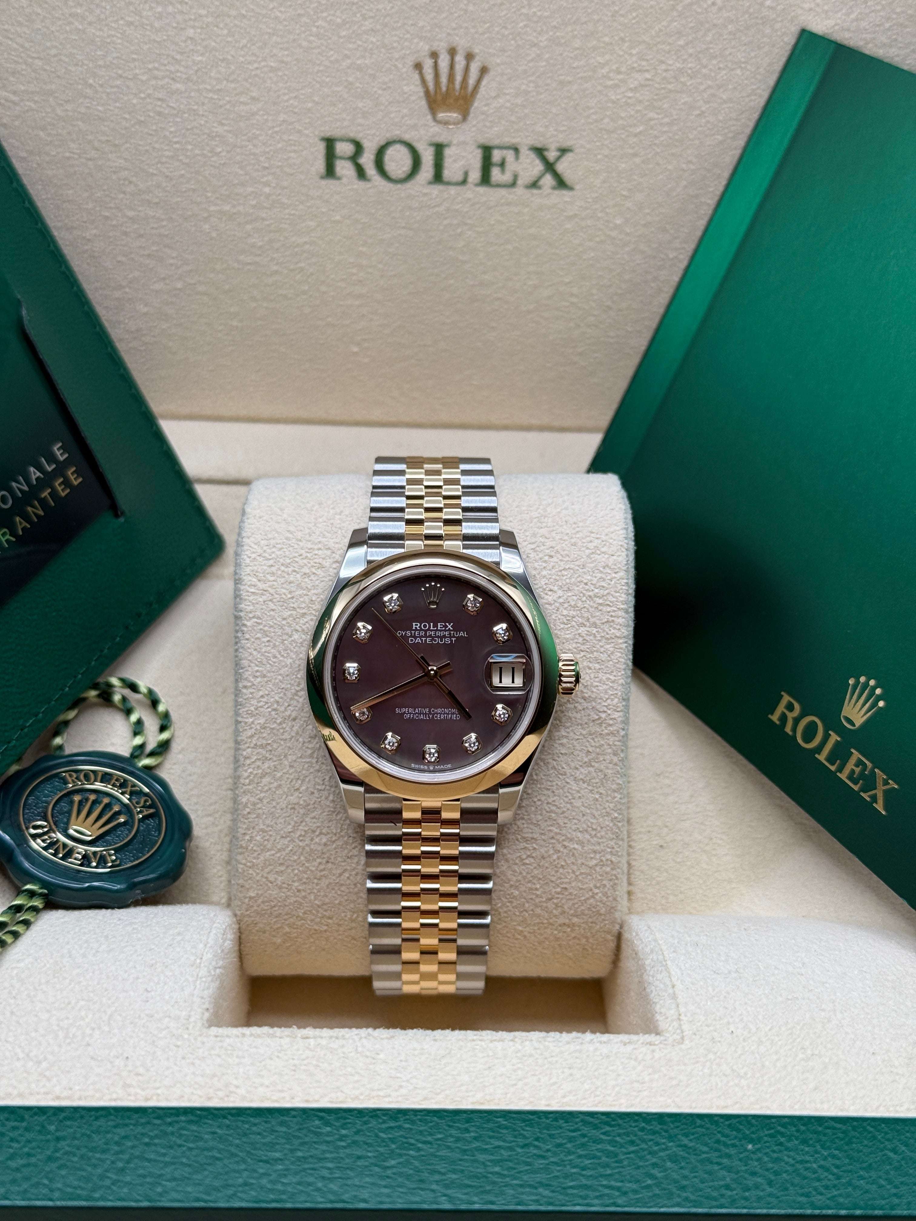 Datejust 31 Yellow Gold Two-Tone Black Mother of Pearl Diamond Luxury Watch