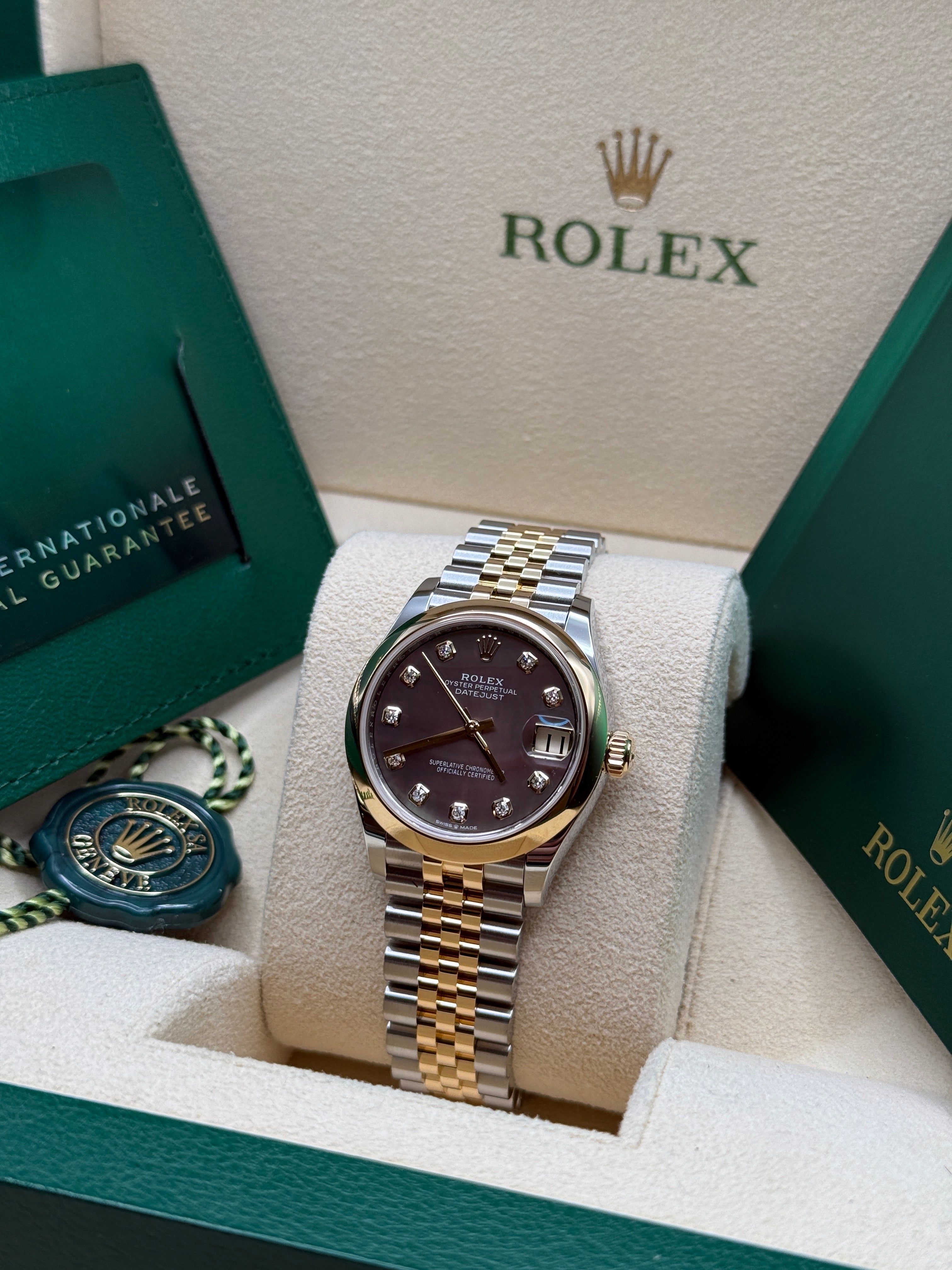 Datejust 31 Yellow Gold Two-Tone Black Mother of Pearl Diamond Luxury Watch